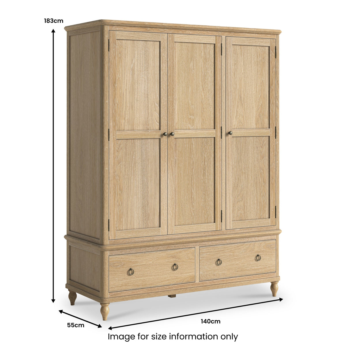 Rutland Oak Triple Wardrobe With 2 Drawers