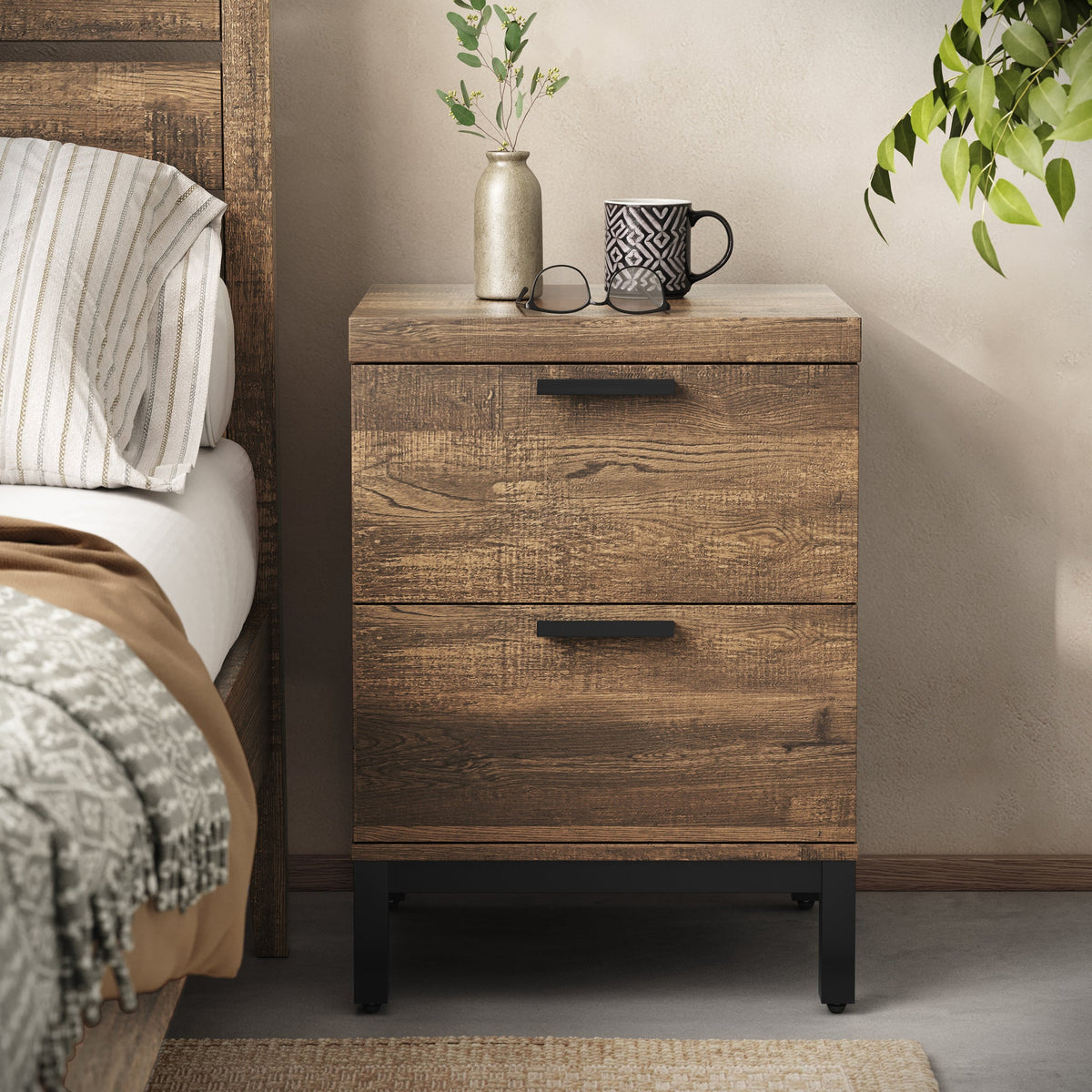 Orston Oak Wide 2 Drawer Bedside Table