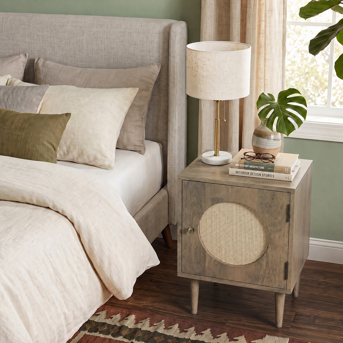 Elsie Light Stain Mango Bedside Table with Cane Door