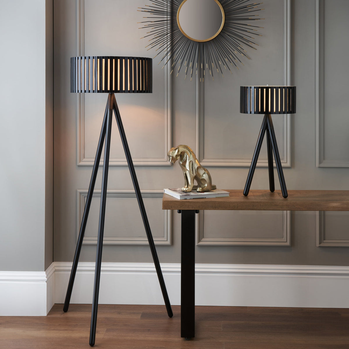 Rabanne Slatted Black Wood Tripod Table Lamp