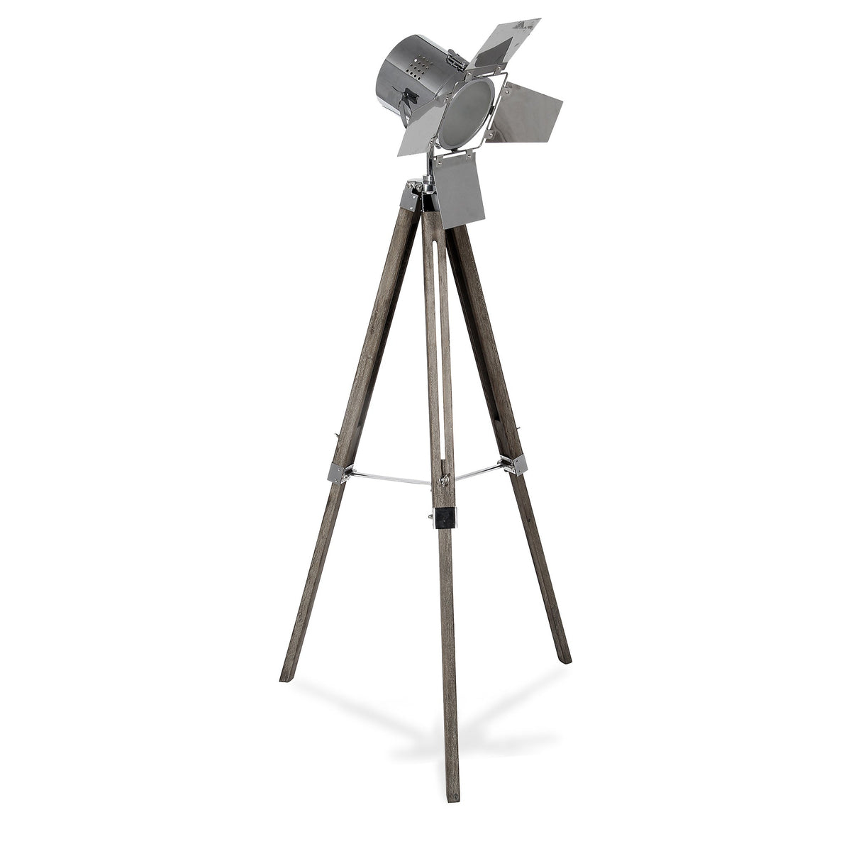 Hereford Silver Metal and Wood Tripod Film Floor Lamp