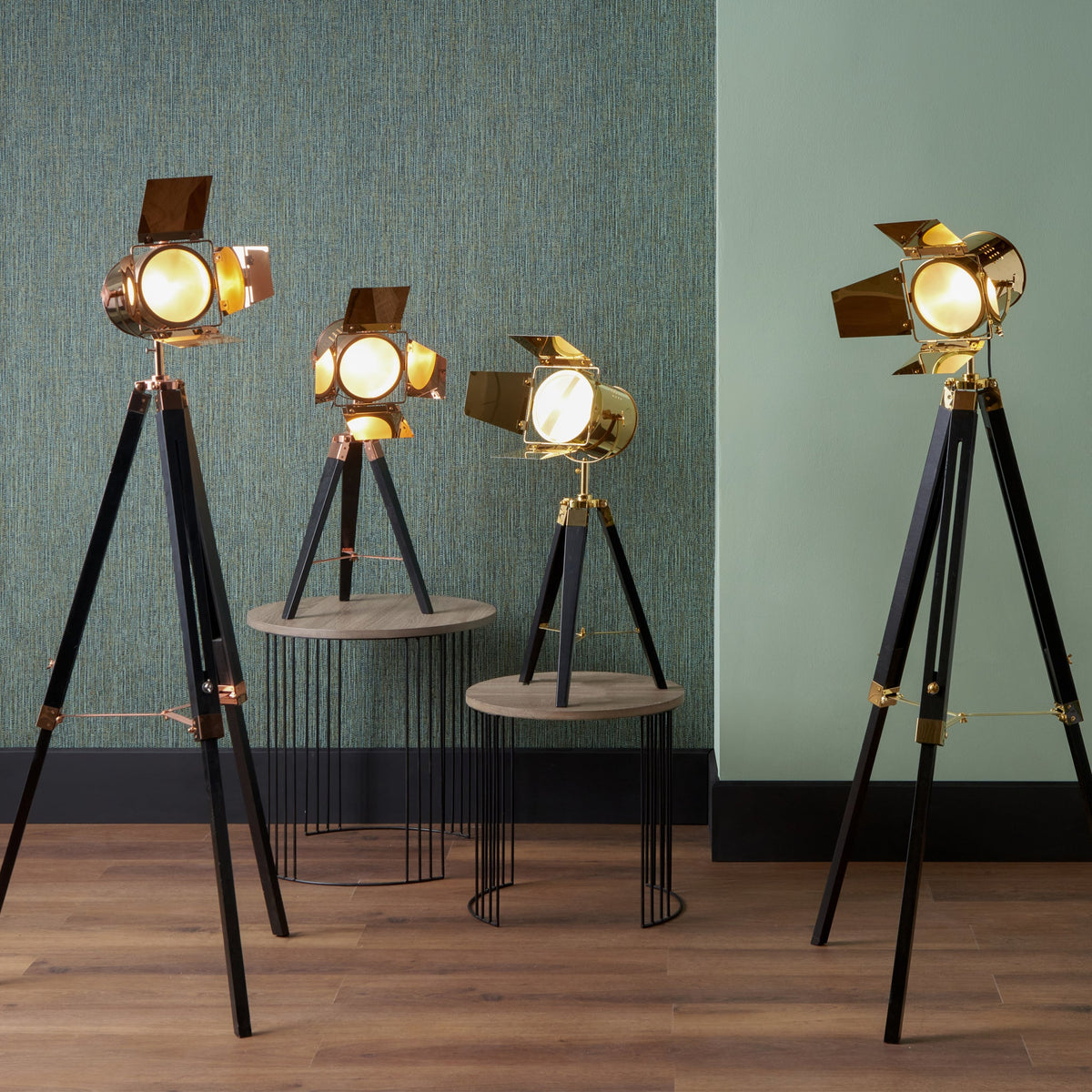 Hereford Gold and Black Tripod Film Floor Lamp
