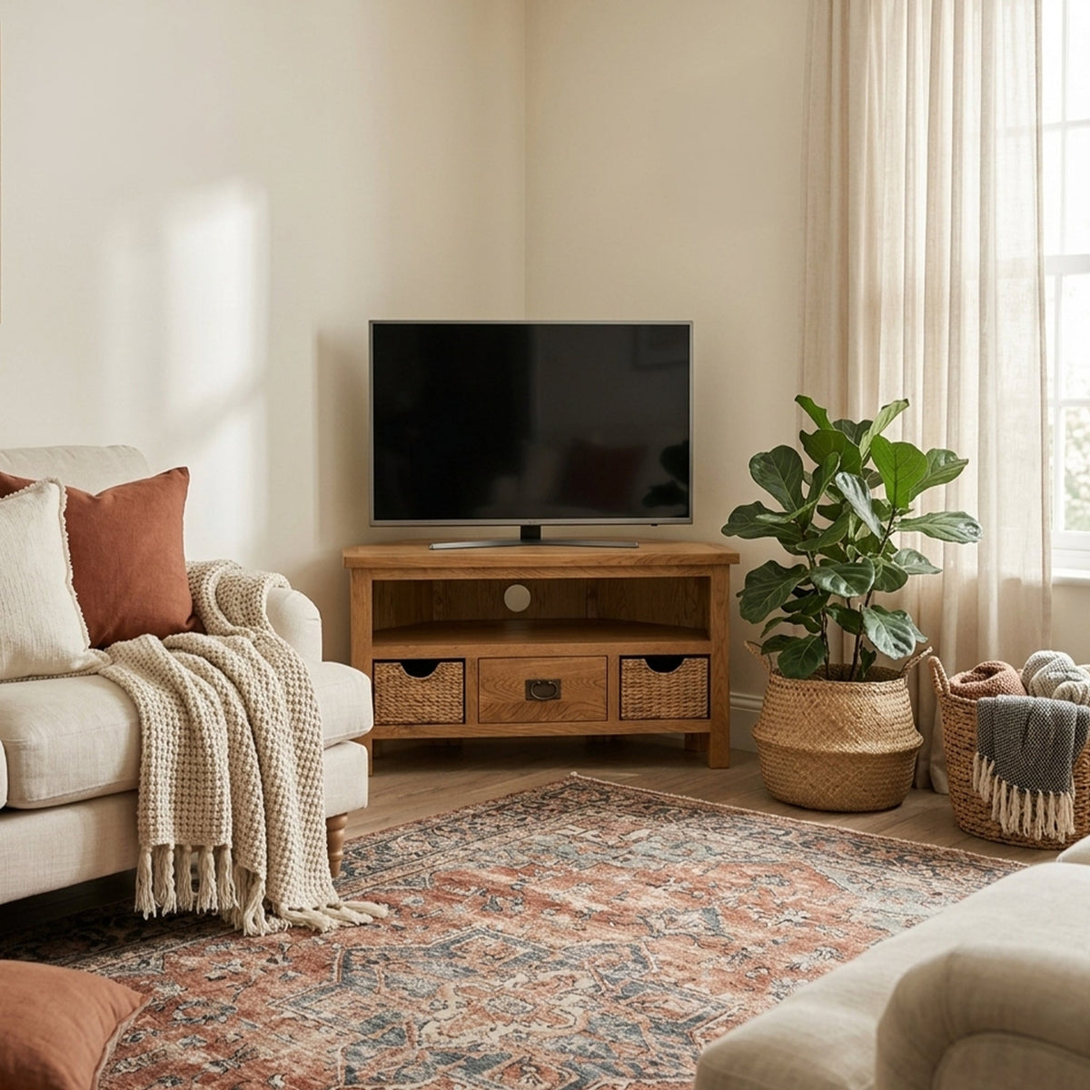 Surrey Oak Corner TV Stand with Baskets