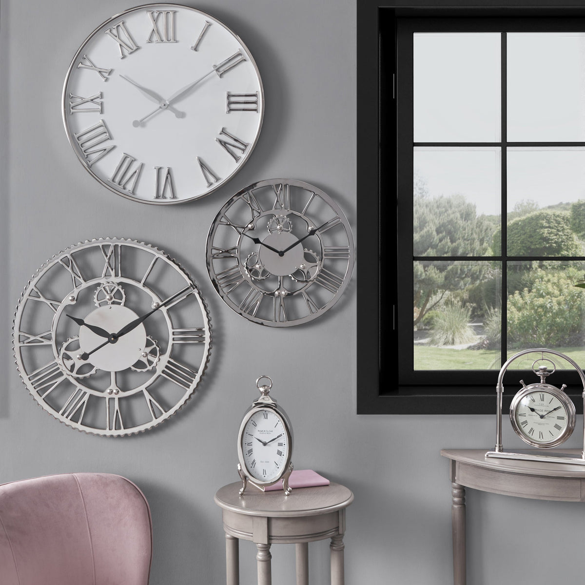 Shiny Nickel Cog Small Round Wall Clock