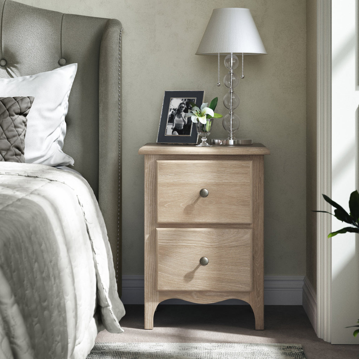 Celine Washed Oak 2 Drawer Bedside Table