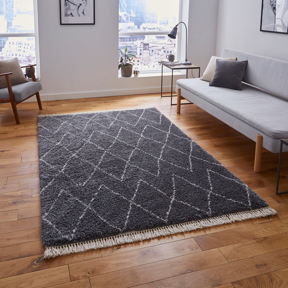 Edie Boho Diamond Shaggy Rug