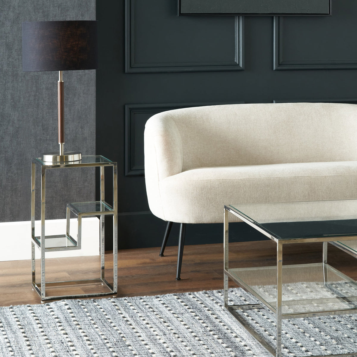 Aleandra Clear Glass and Silver Metal Side Table