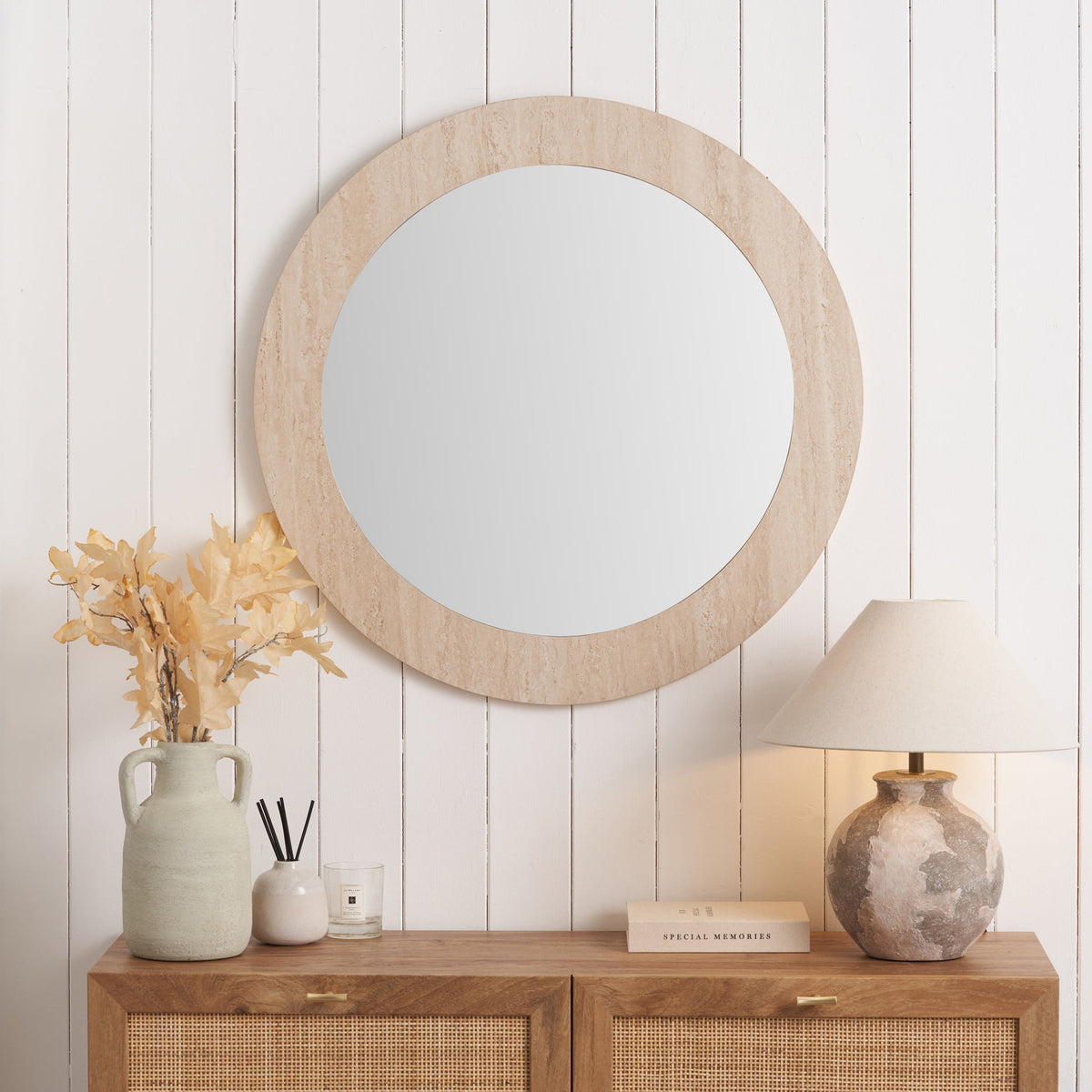 Travertine Effect Round Wall Mirror