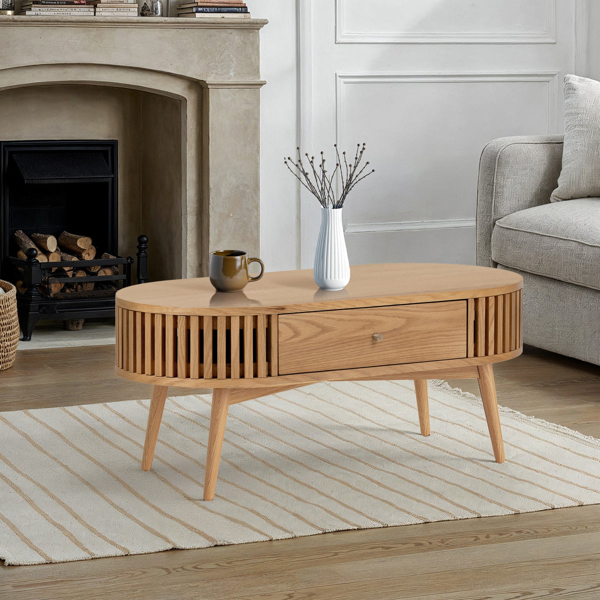 Shorwell Oak Slatted Oval 1 Drawer Coffee Table