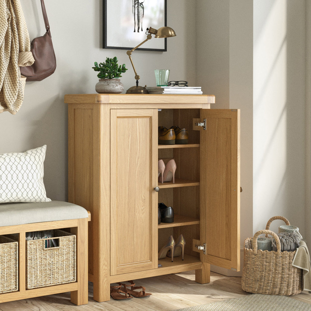 Portland Oak 4 Shelf Shoe Storage Cupboard