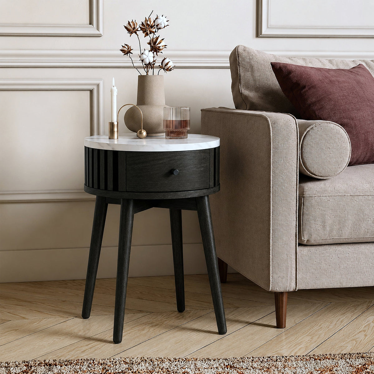 Shorwell Black & Marble 1 Drawer Side Table