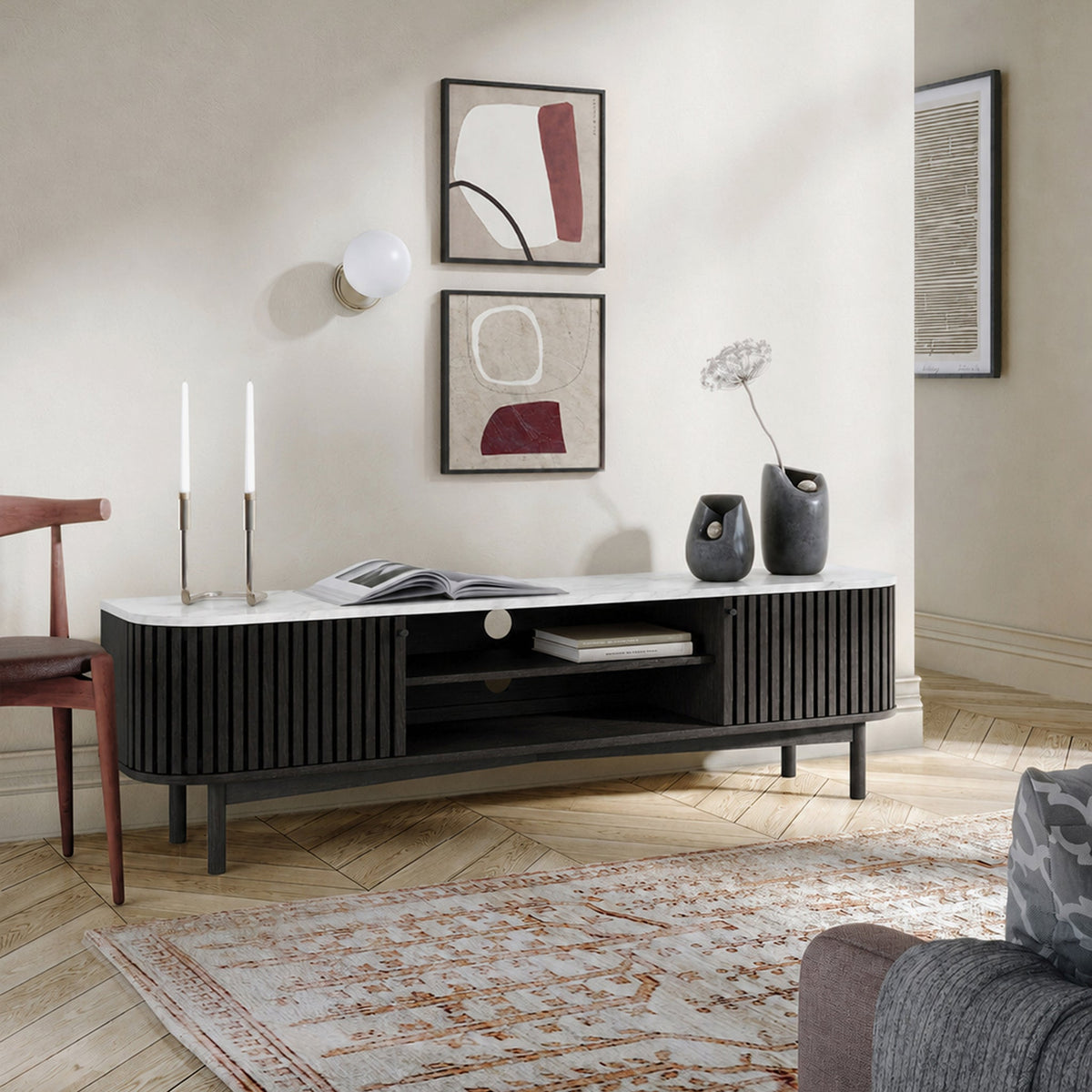 Shorwell Black & Marble Slatted 180cm TV Unit