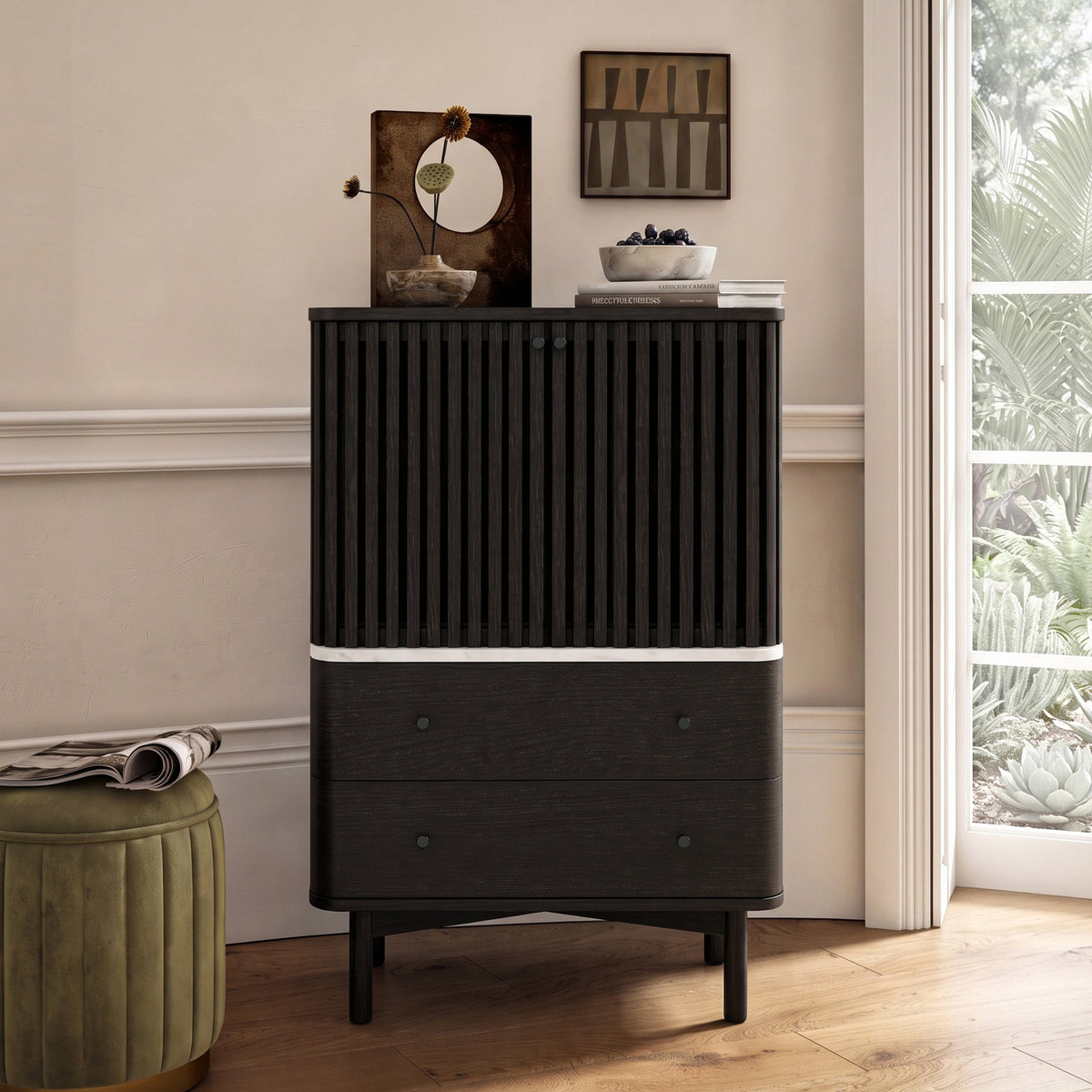 Shorwell Black & Marble Slatted 2 Drawer 2 Door Cabinet