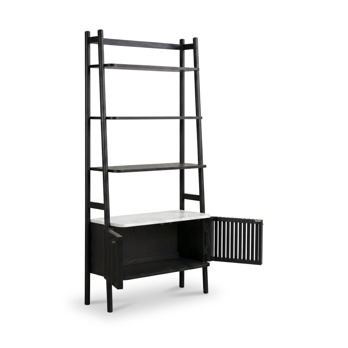 Shorwell Black & Marble Bookcase with 2 Door Slatted Cupboard