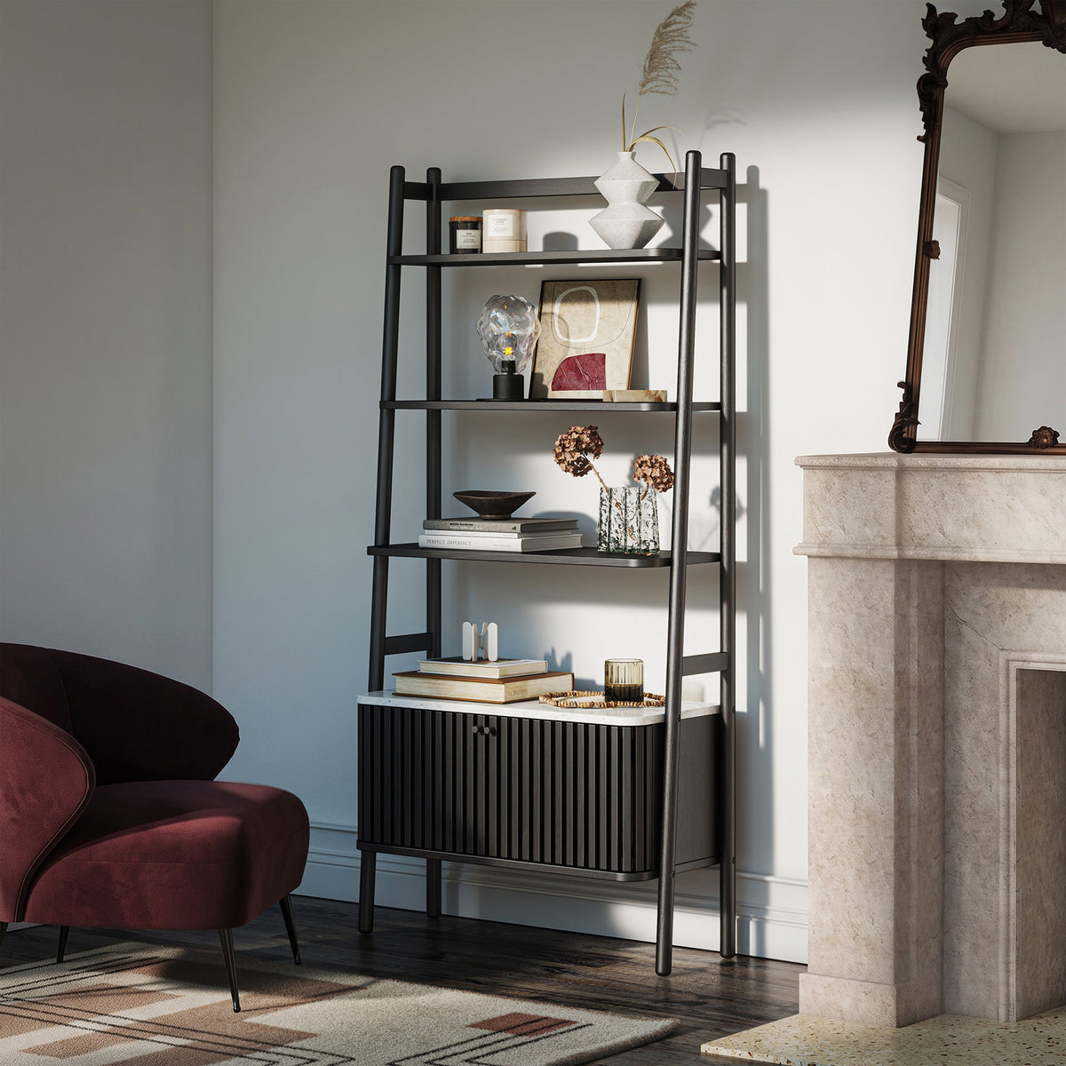 Shorwell Black & Marble Bookcase with 2 Door Slatted Cupboard