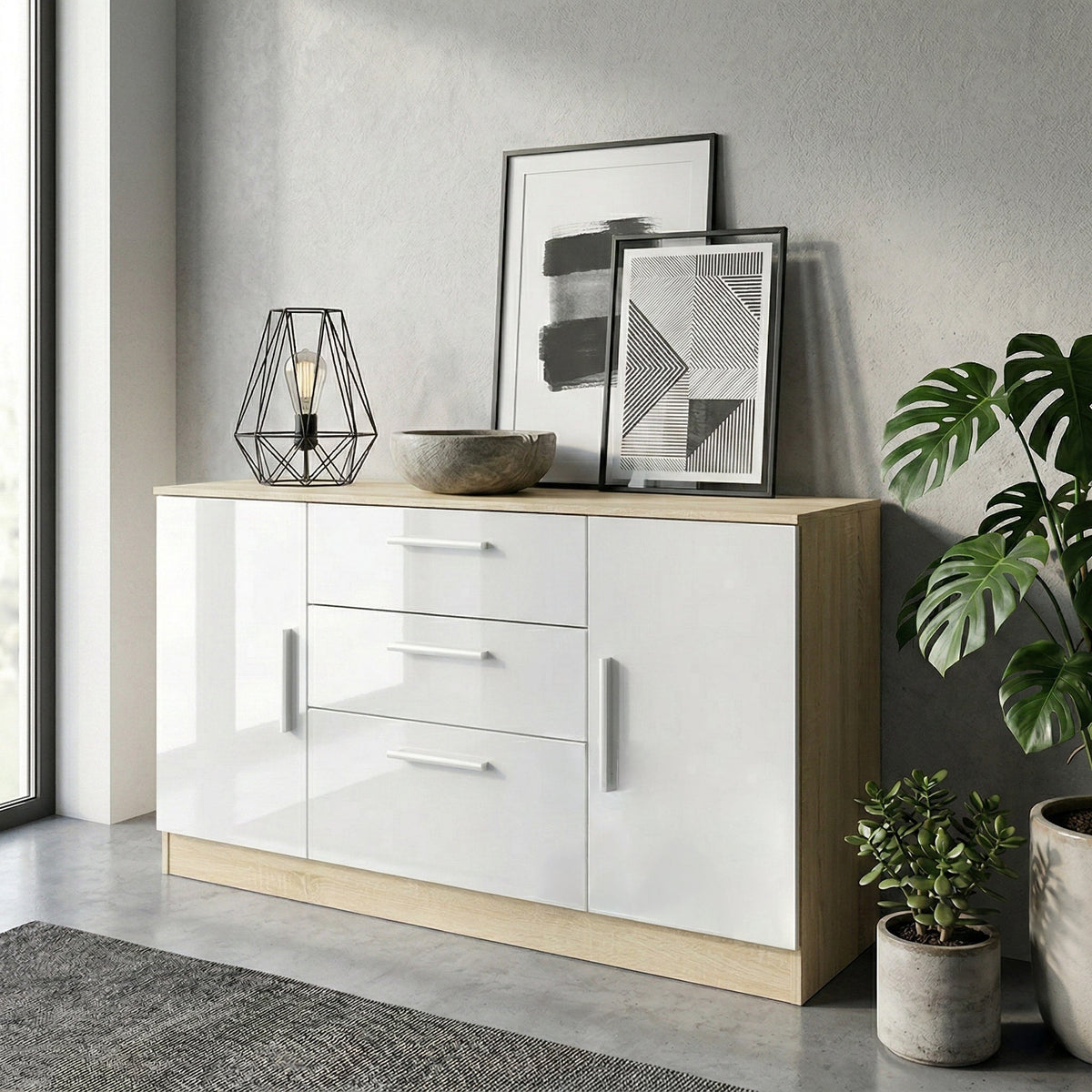 Blakely White & Light Oak 2 Door 3 Drawer Sideboard