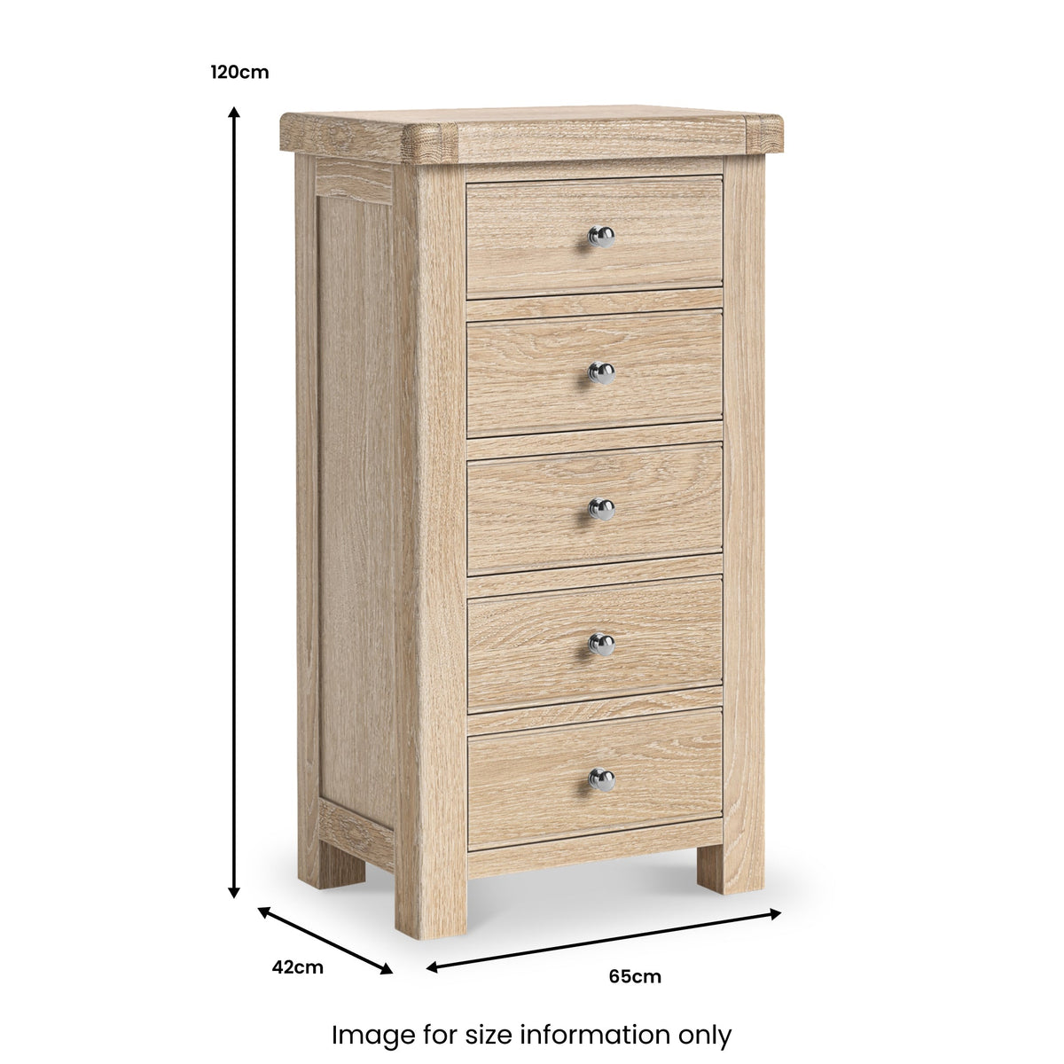 Portland Washed Oak 5 Drawer Tallboy Chest