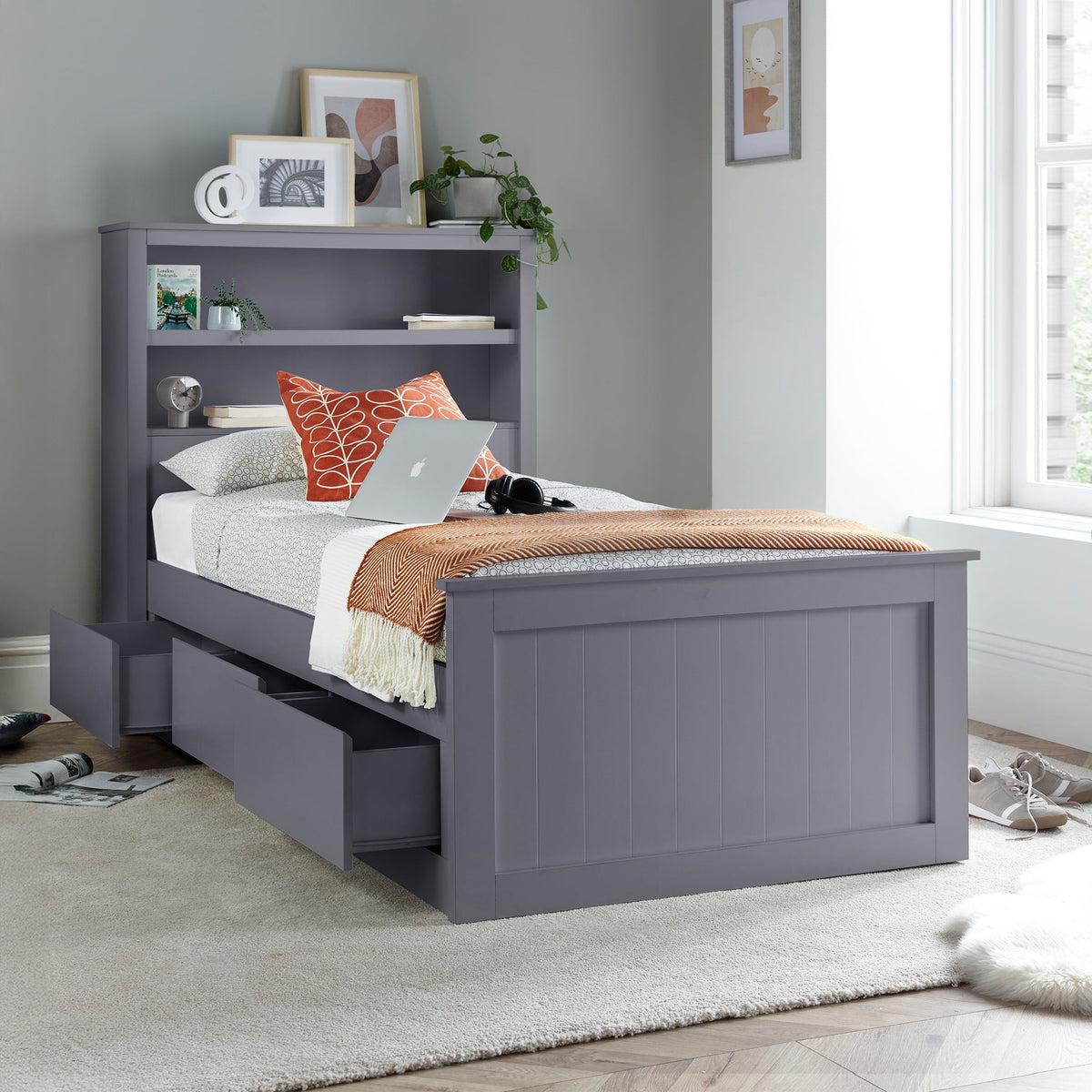Emelia Wooden 3 Drawer and Shelving Storage Bed Frame