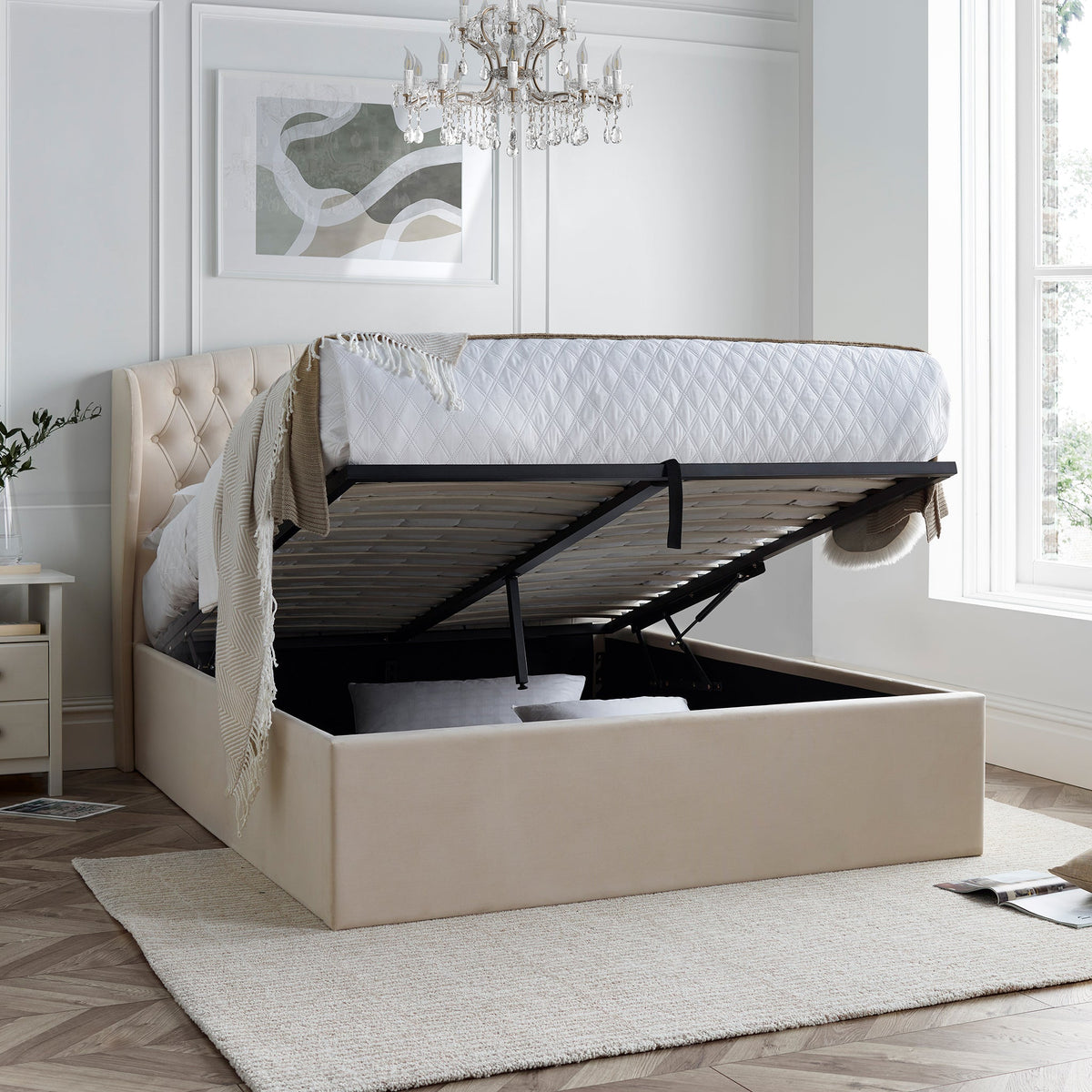 Sailsbury Velvet Ottoman Storage Bed Frame