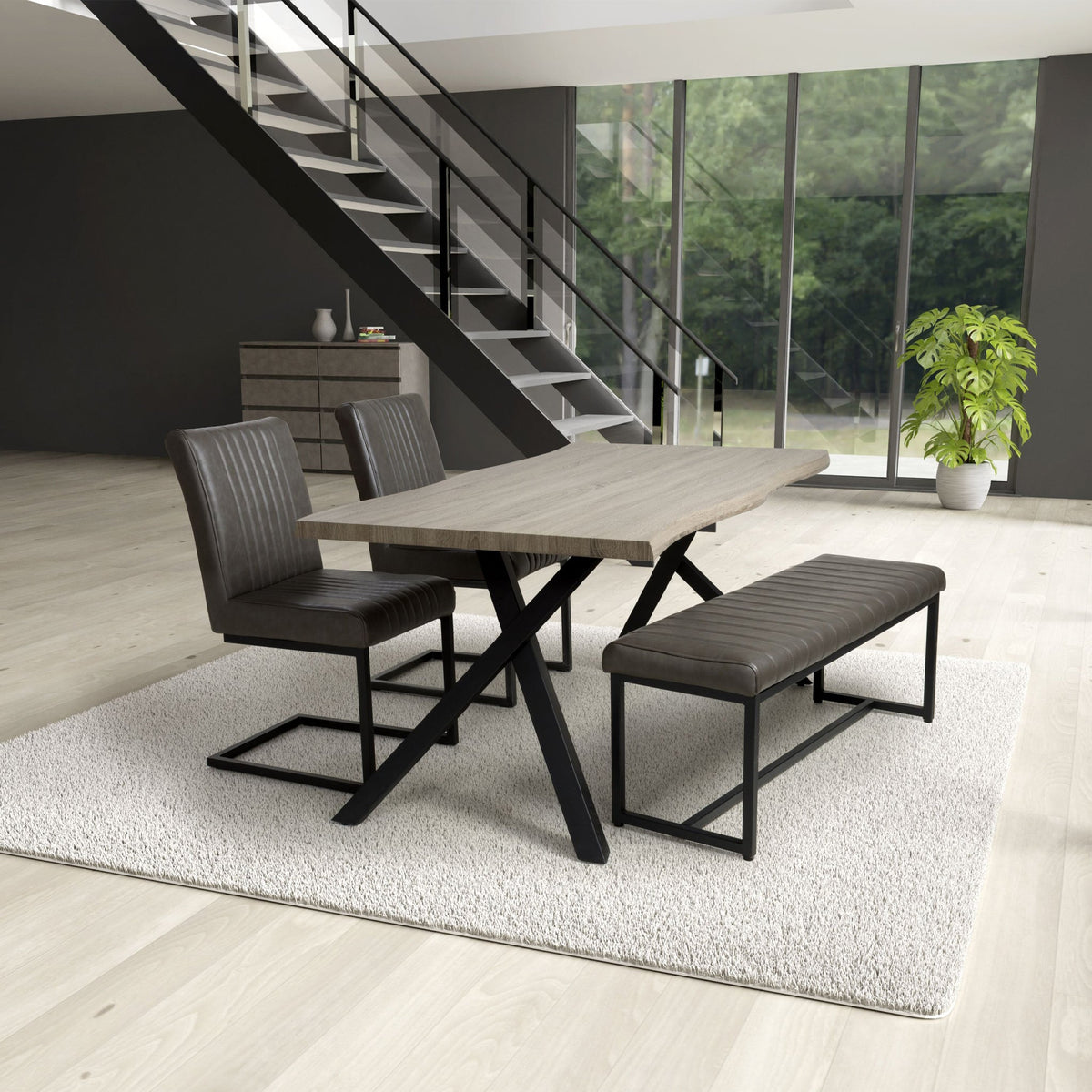 Kenwyn 160cm Pine Effect Dining Table with Bench & 2 Dining Chairs