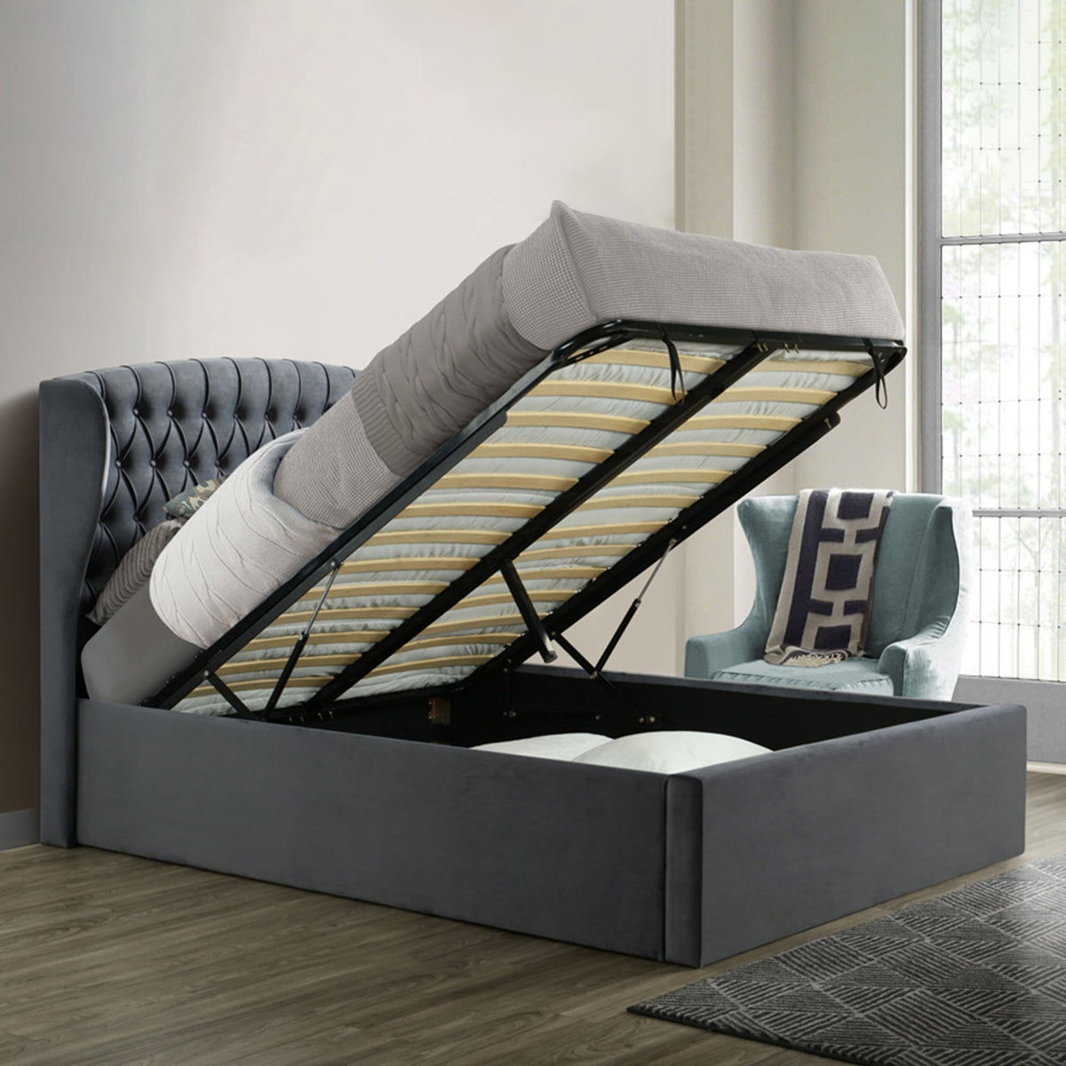 Sailsbury Velvet Ottoman Storage Bed Frame