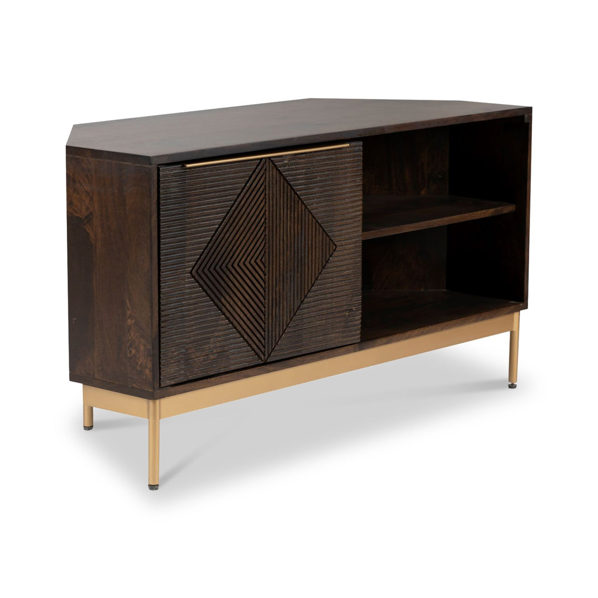 Beau Grooved Brown Mango Wood Corner TV Unit