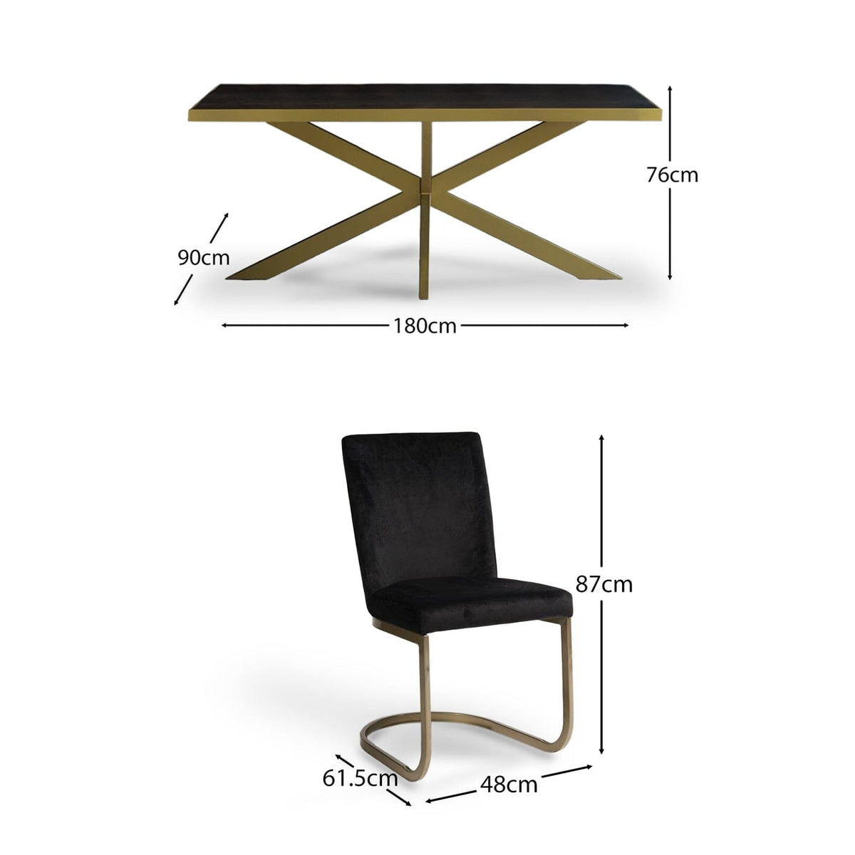 Rayna Black Dining Table Set - 6 Seater - Lola Black Dining Chairs - Gold Metal Legs