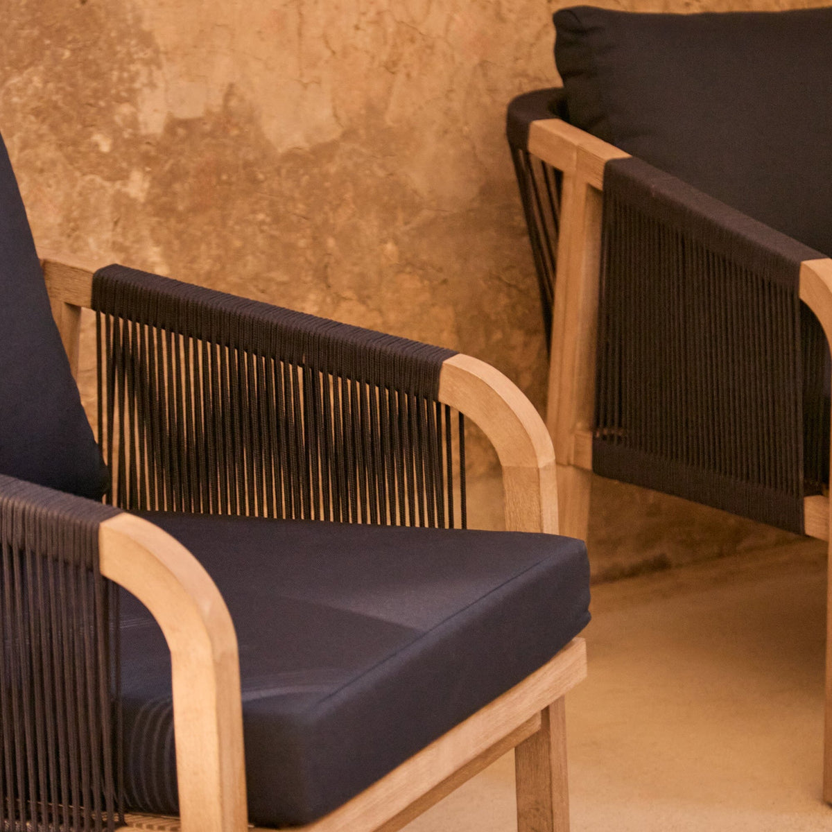 Shiro Wooden Garden Set with 3 Seater Sofa - 2 Shiro Navy Armchairs - Willow Coffee & Side Table