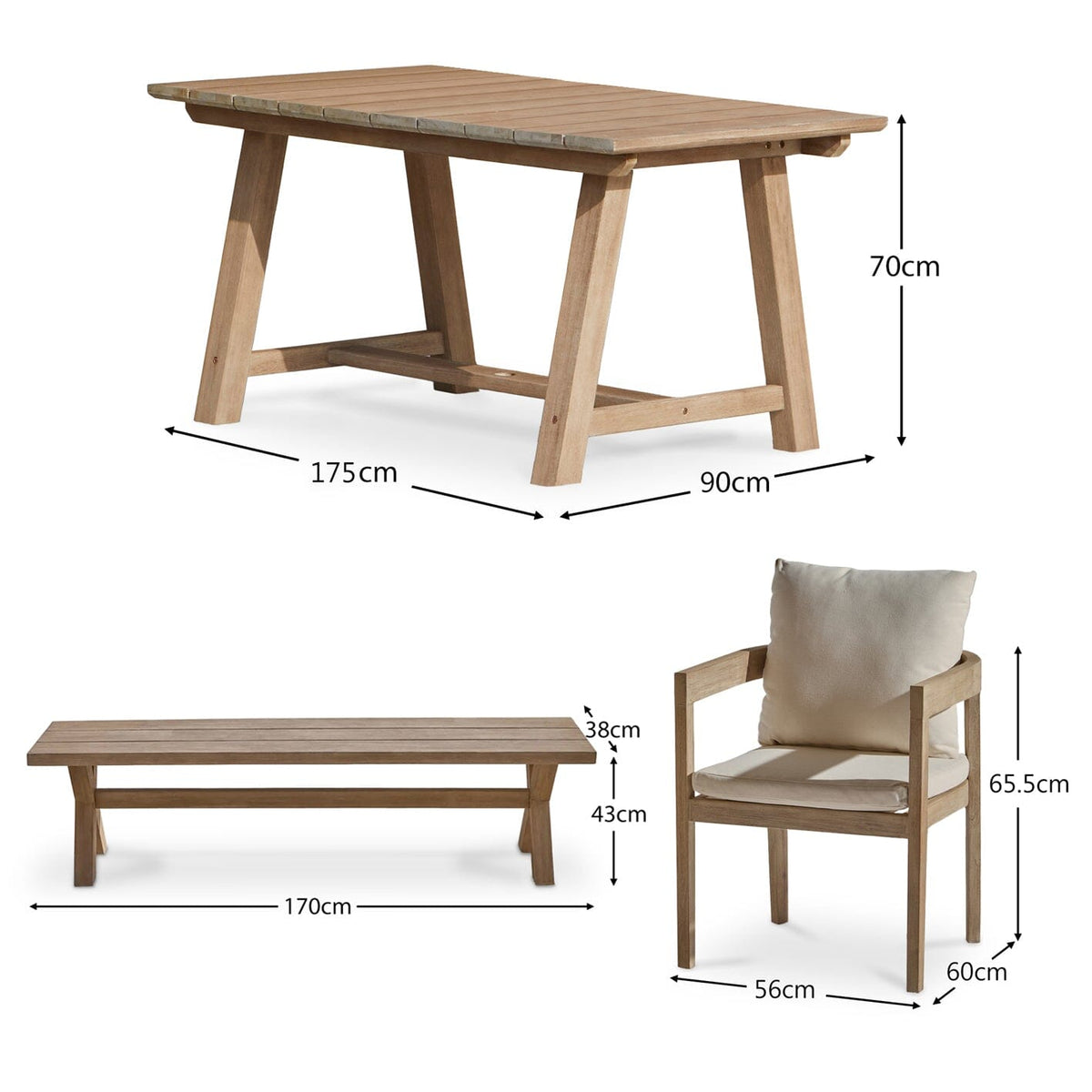 Shiro 6 Seater Wooden Garden Dining Set with 4 Imani Chairs & Charlotte Bench - Whitewash