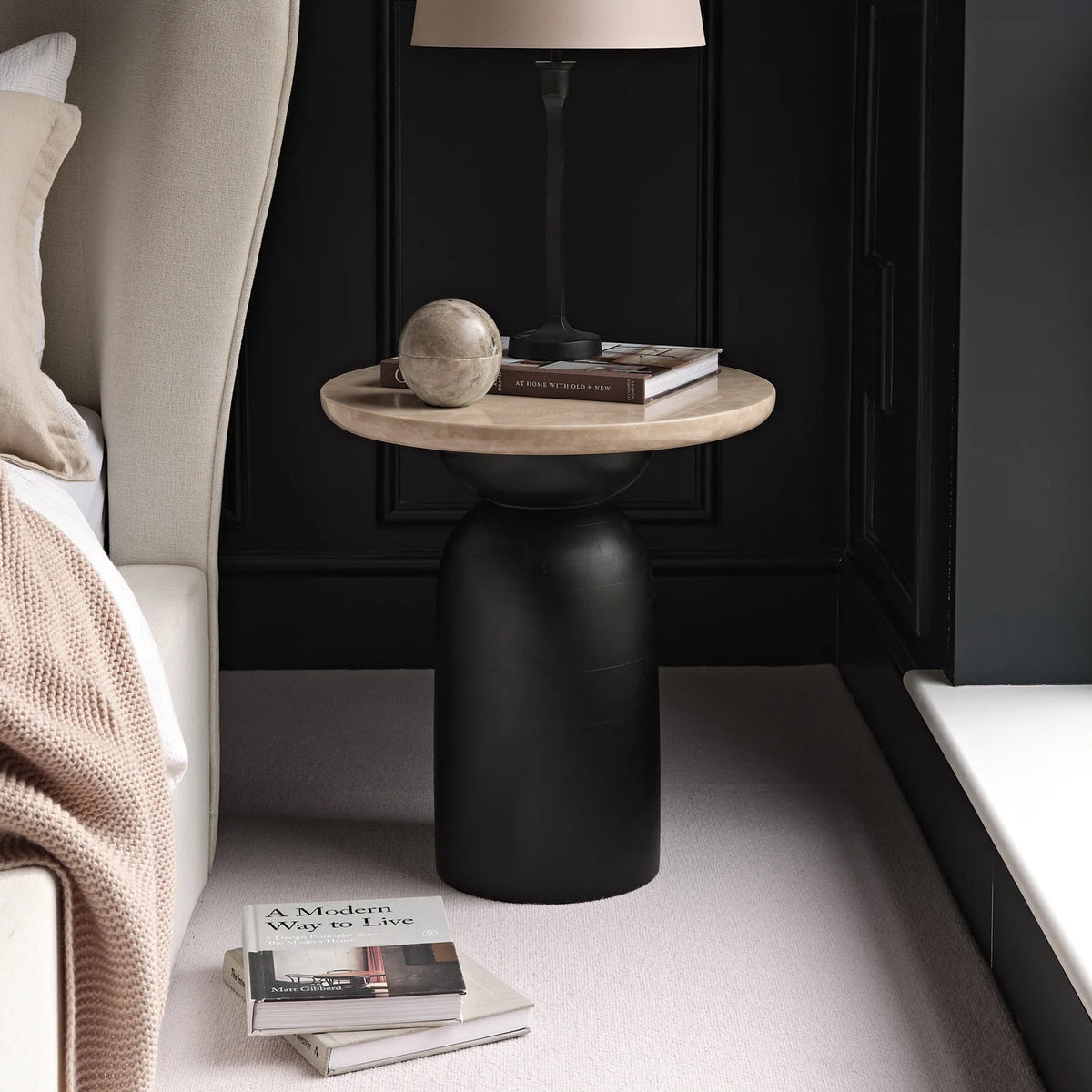 Sorrell 45cm Round Side Table - Jet Black Mango Wood & Lady Grey Marble