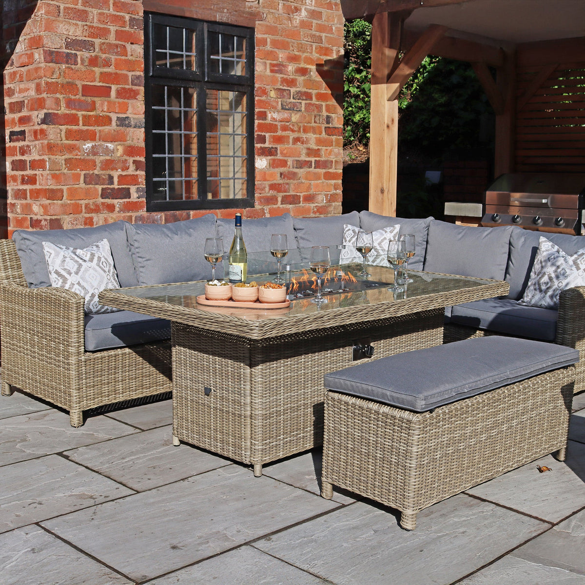 Wentworth 170cm Fire Pit Dine or Lounge Rattan Set with Bench