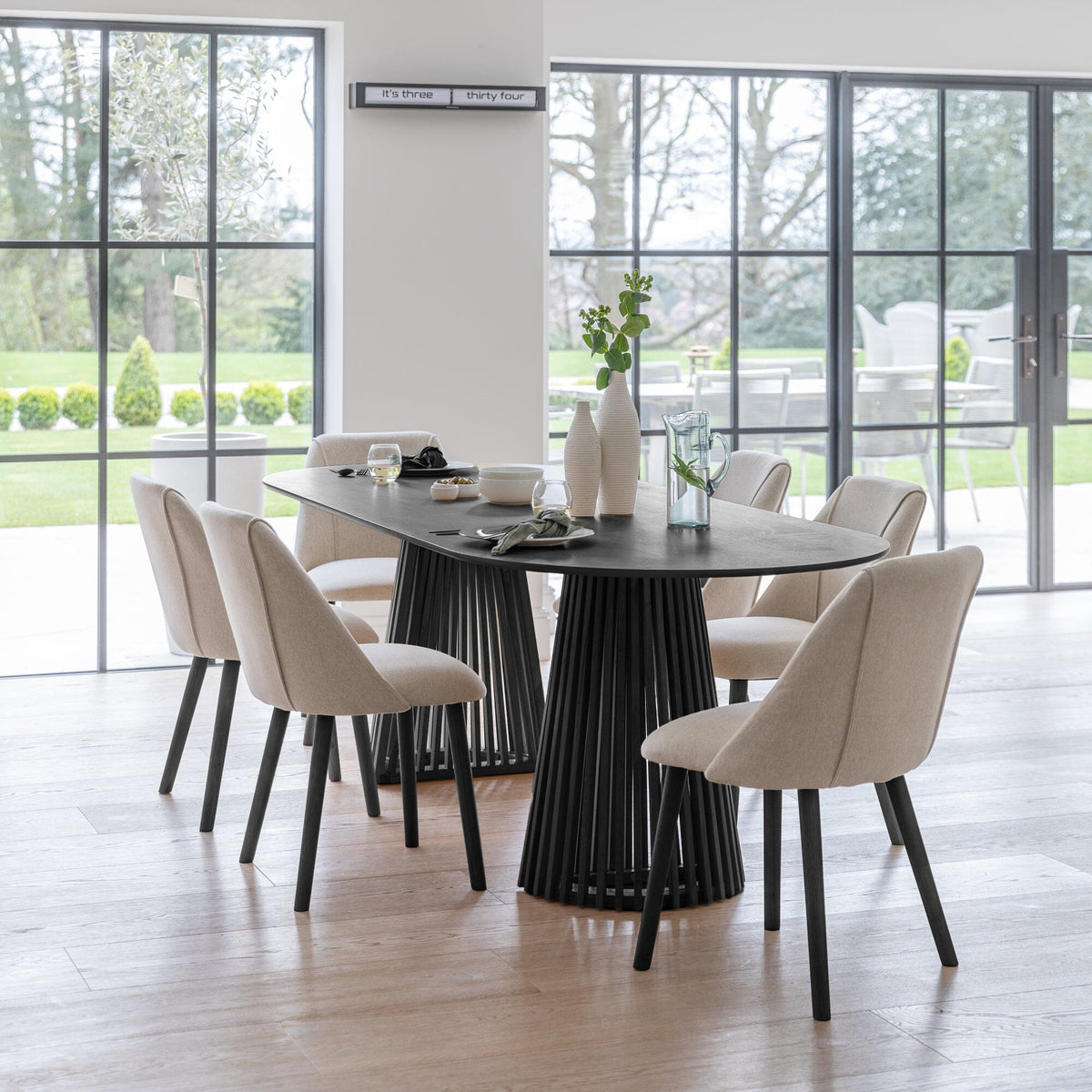 Willow Black Dining Table Set - 6 Seater - Freya Sand Dining Chairs - Black Legs