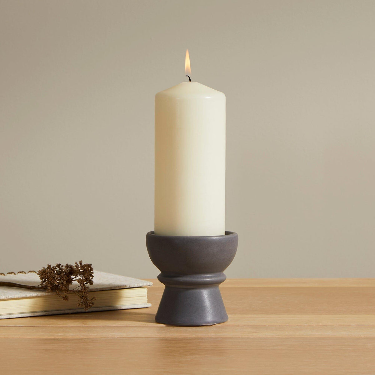 Ackton 9cm Ceramic Pillar Candle Holder - Set of 2 - Grey