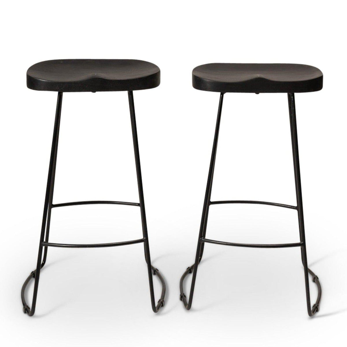 Aiden Black Mango Wood Backless Bar Stools - Set of 2 - Black Iron Legs