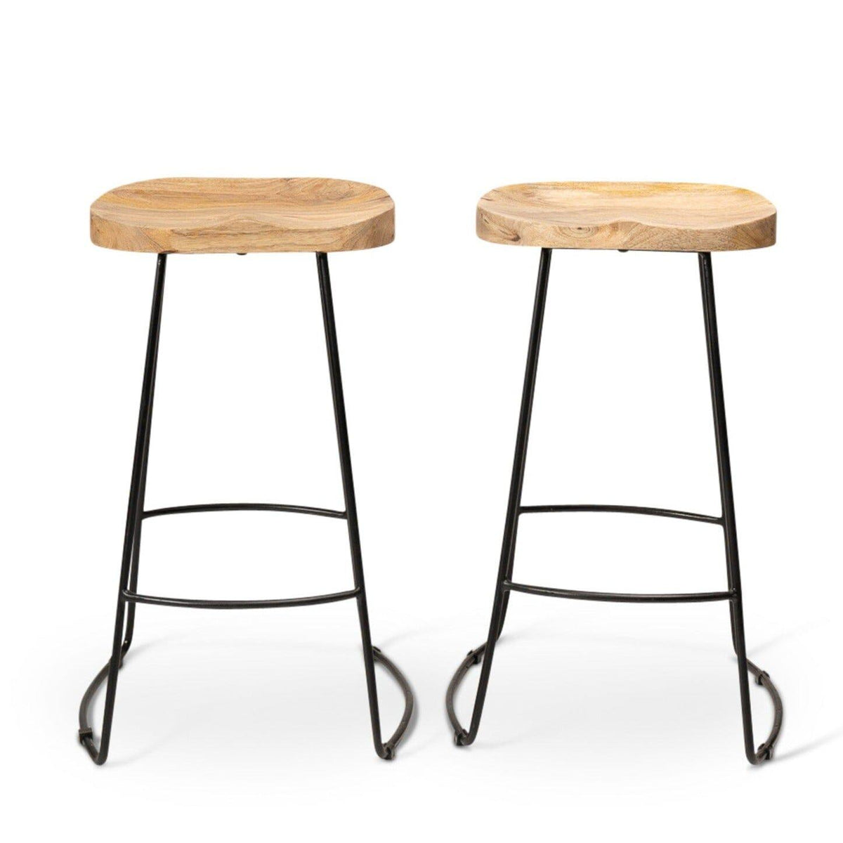 OUTLET - Aiden Natural Mango Wood Backless Bar Stools - Set of 2 - Black Iron Legs