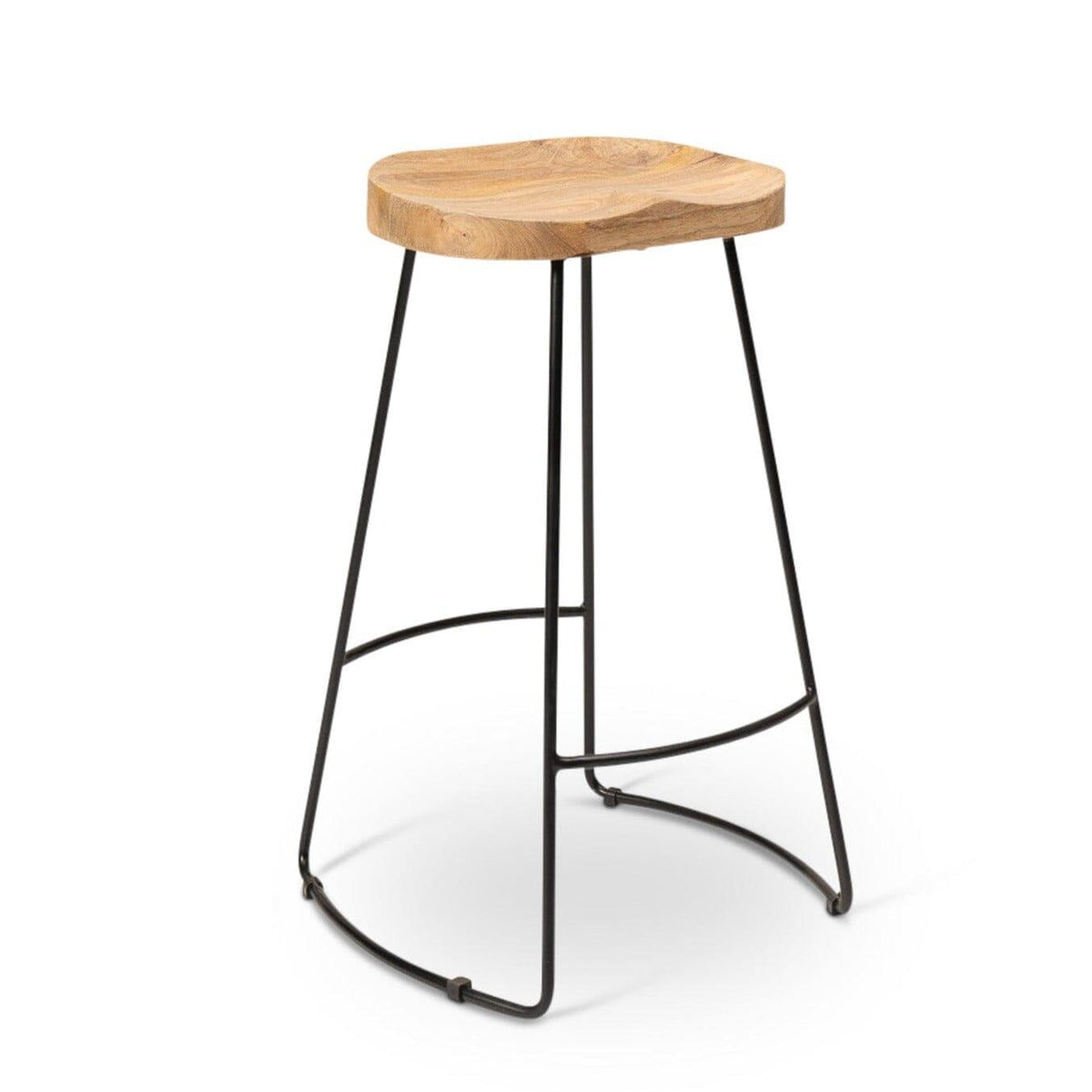 Aiden Natural Mango Wood Backless Bar Stools - Set of 2 - Black Iron Legs