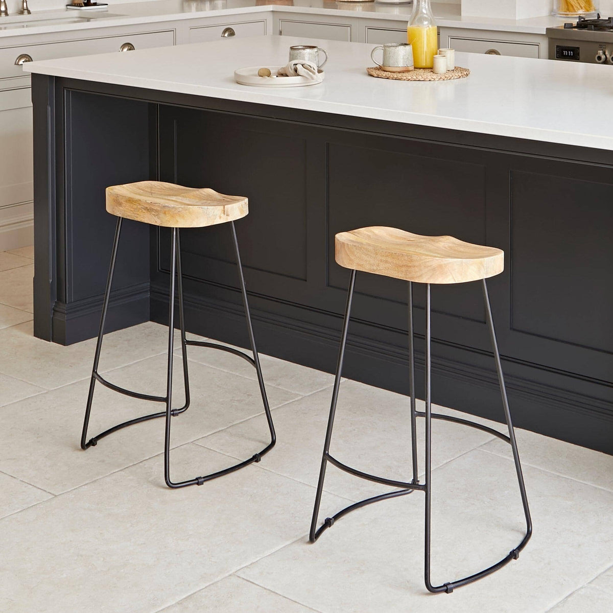 Aiden Natural Mango Wood Backless Bar Stools - Set of 2 - Black Iron Legs
