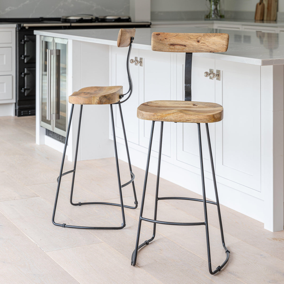 Aiden Natural Mango Wood Bar Stools - Set of 2 - Black Iron Legs