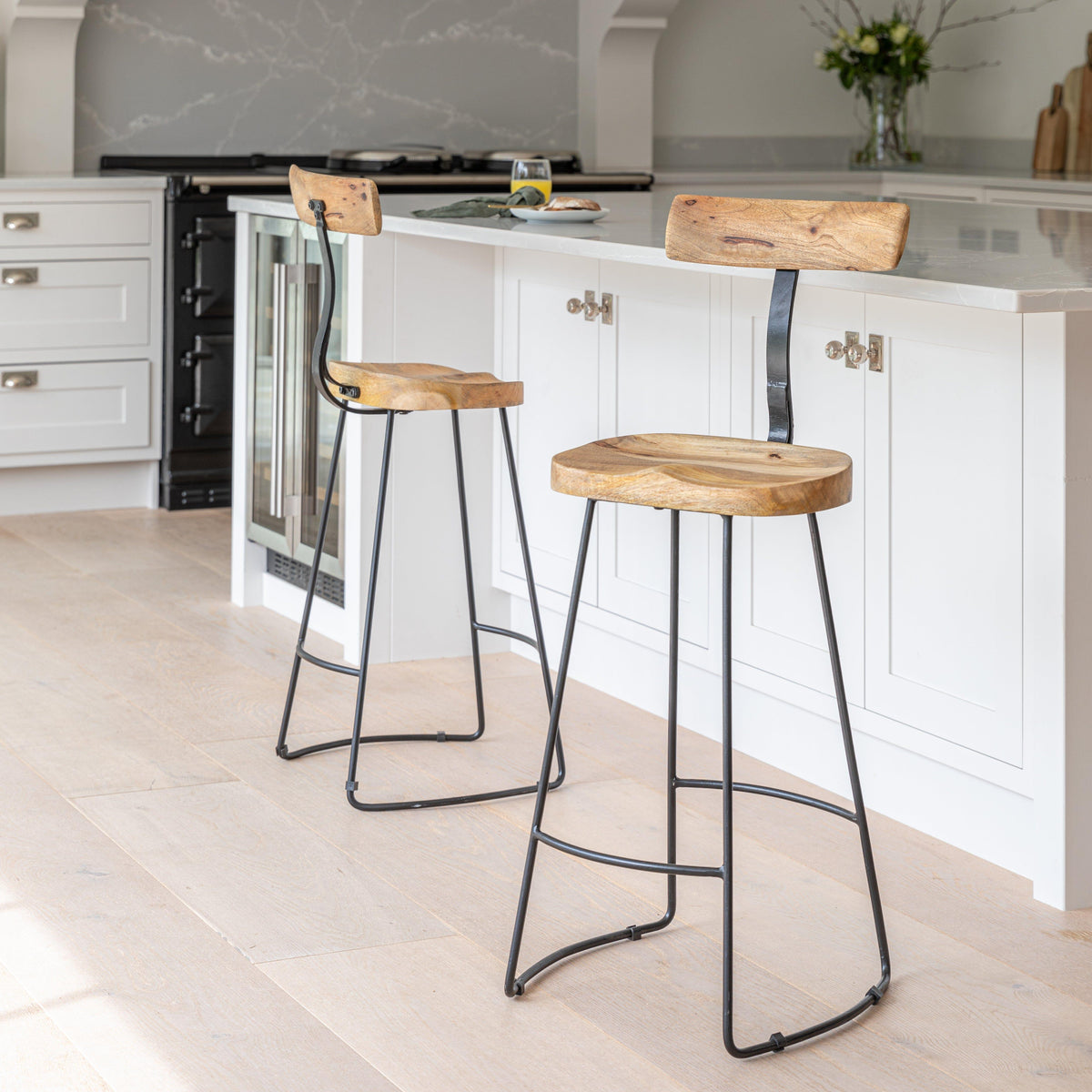 Aiden Natural Mango Wood Bar Stools - Set of 2 - Black Iron Legs
