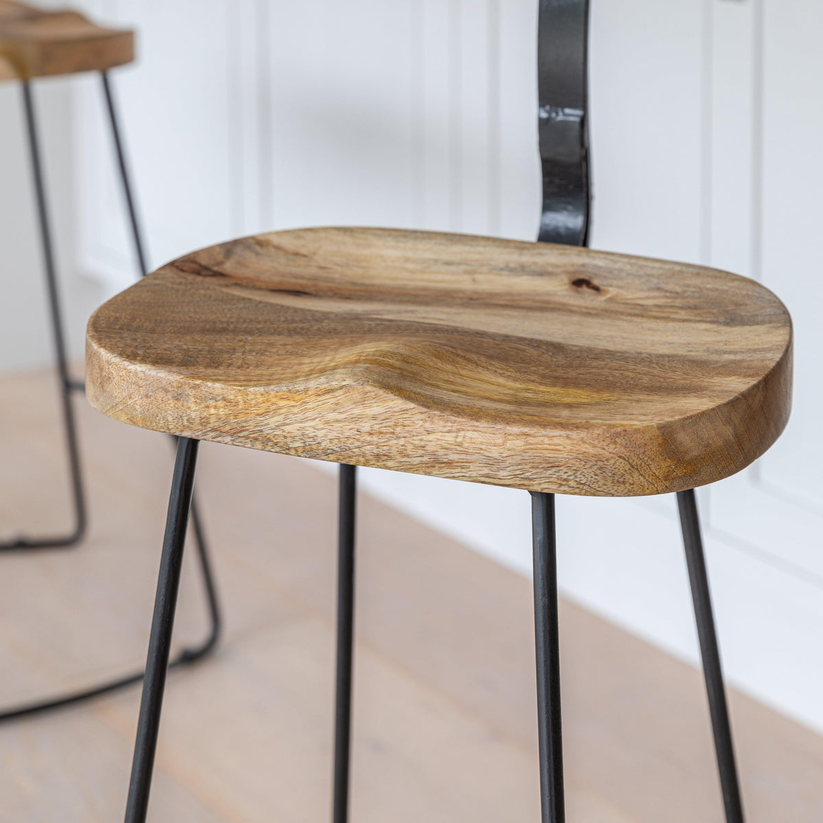 Aiden Natural Mango Wood Bar Stools - Set of 2 - Black Iron Legs
