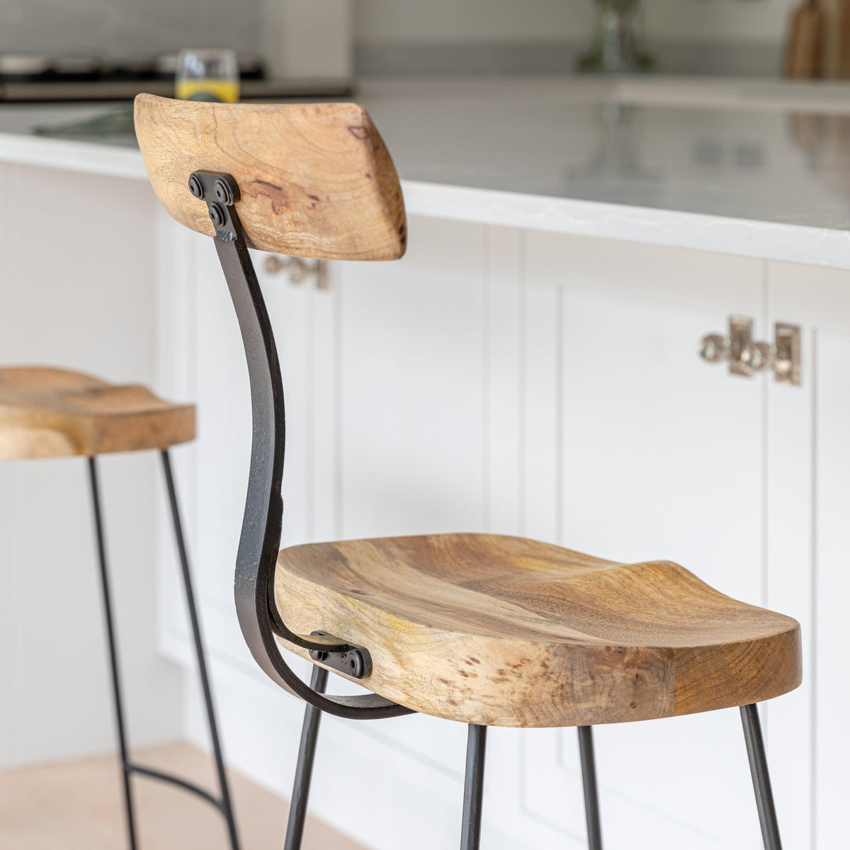 Aiden Natural Mango Wood Bar Stools - Set of 2 - Black Iron Legs