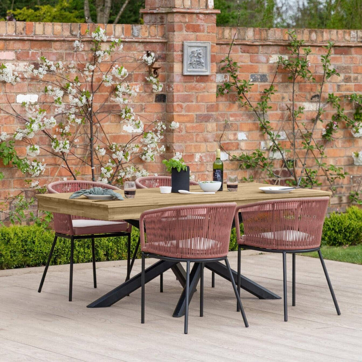 Amelia 4 Seater Wooden Garden Dining Set with 4 Hali Pink Chairs - White Acacia with Black Legs