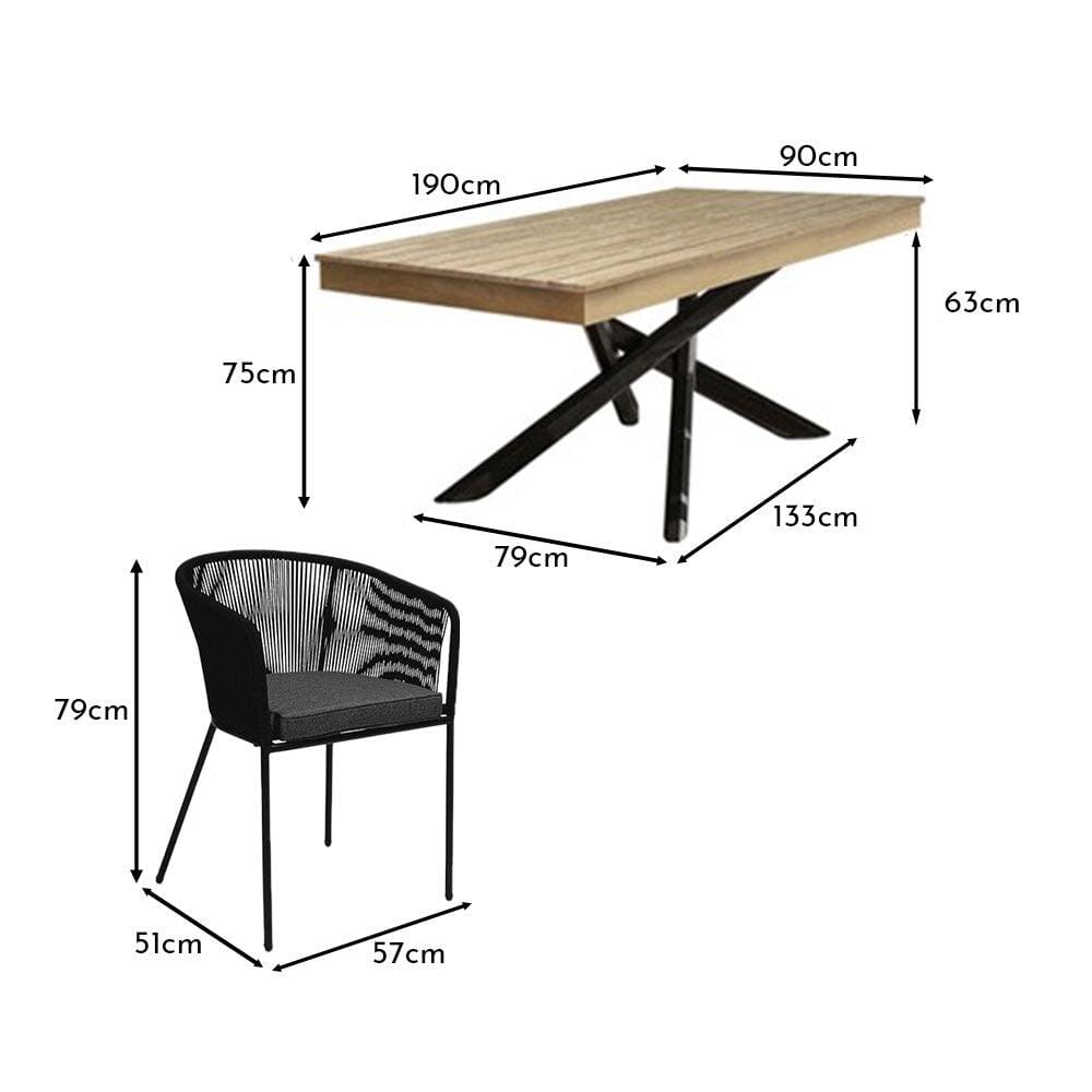Amelia 4 Seater Wooden Garden Dining Set with 4 Hali Black Chairs - Light Brushed Acacia with Black Legs