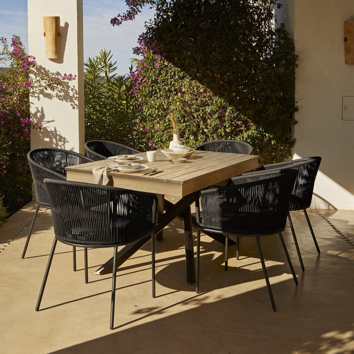 Amelia 4 Seater Wooden Garden Dining Set with 4 Hali Black Chairs - Light Brushed Acacia with Black Legs