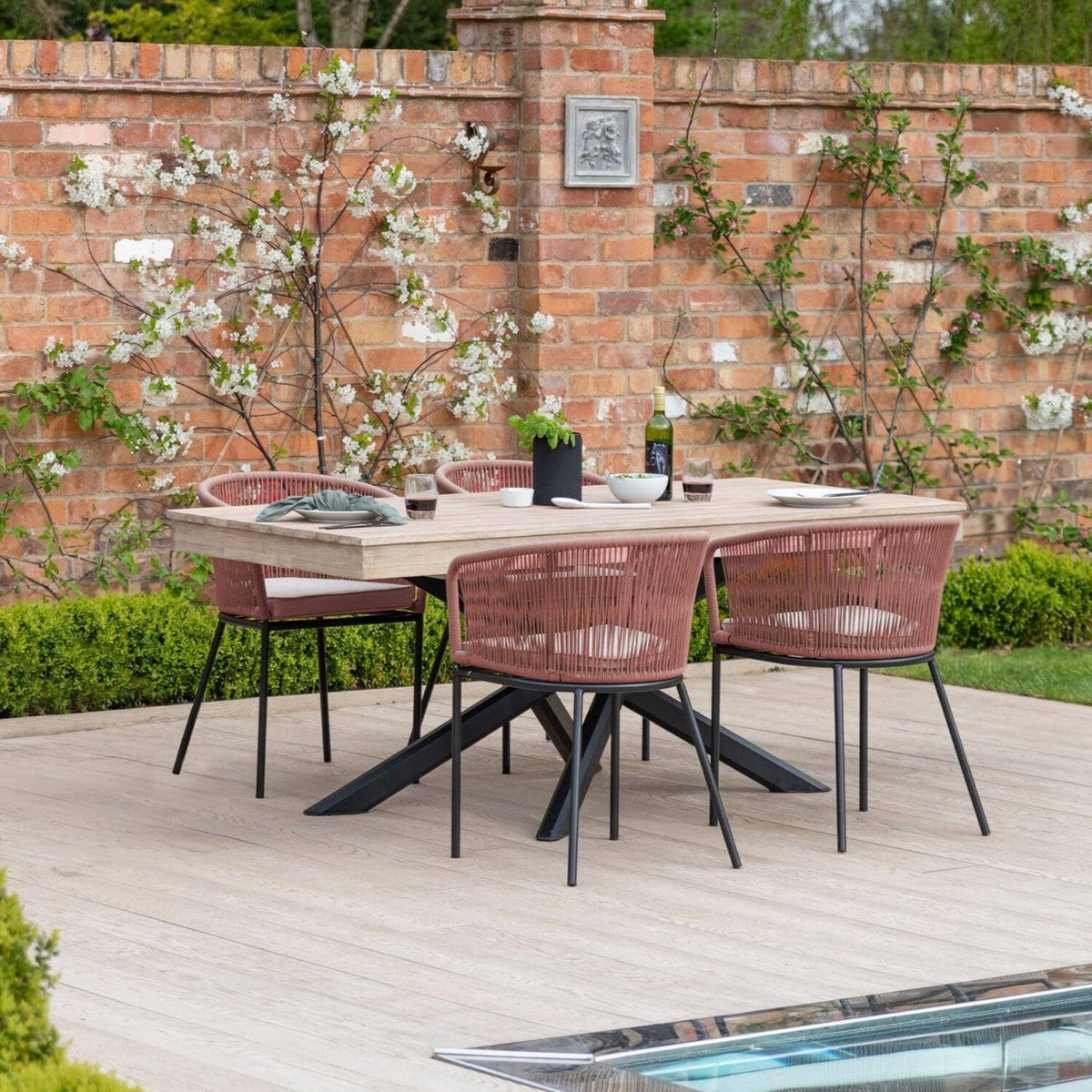 Amelia 4 Seater Wooden Garden Dining Set with 4 Hali Pink Chairs - Light Brushed Acacia with Black Legs