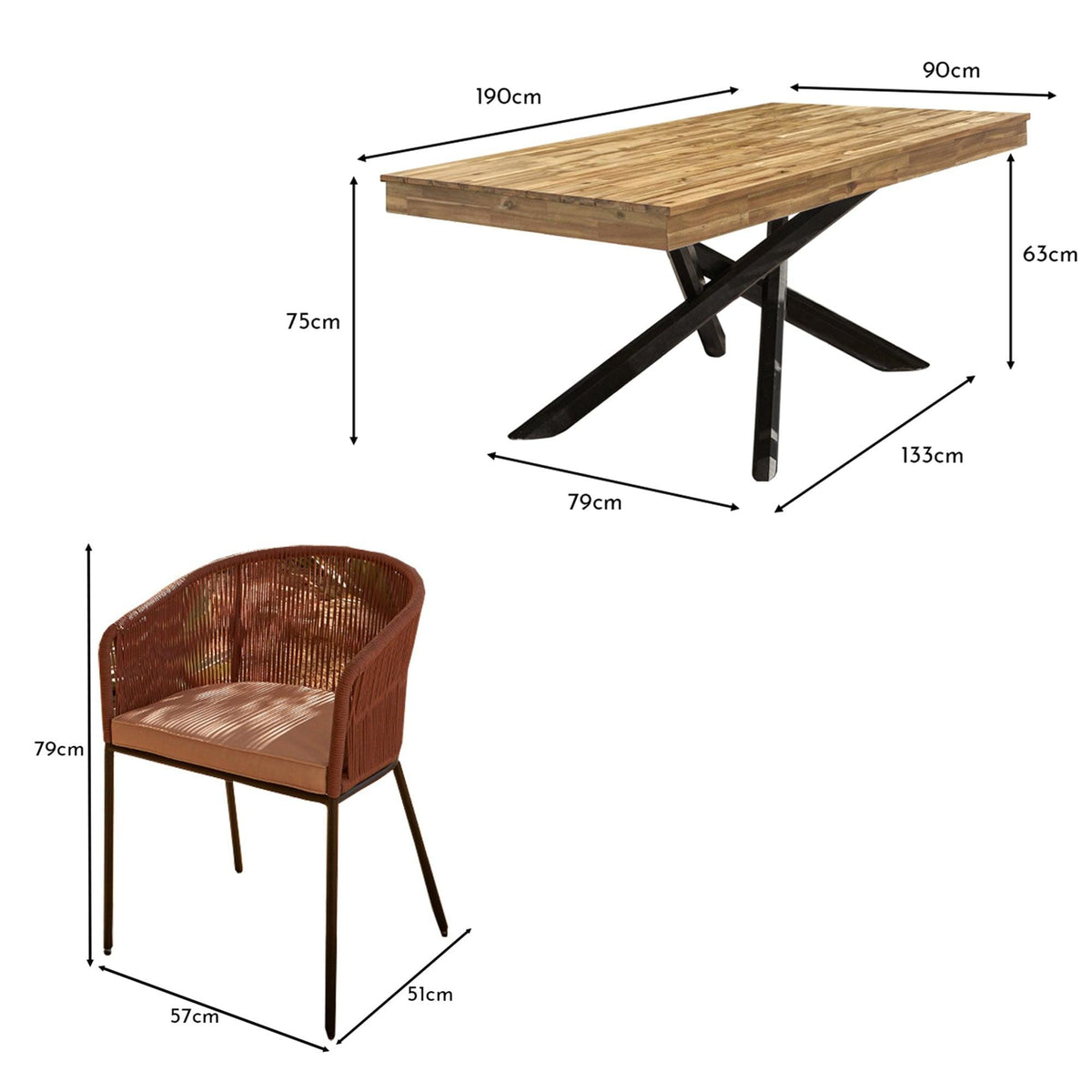 Amelia 6 Seater Wooden Garden Dining Set with 6 Hali Pink Chairs - White Acacia with Black Legs