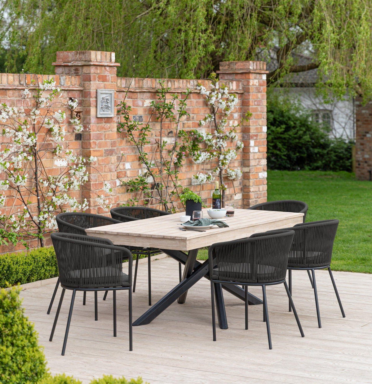 Amelia 6 Seater Wooden Garden Dining Set with 6 Hali Black Chairs - Light Brushed Acacia with Black Legs