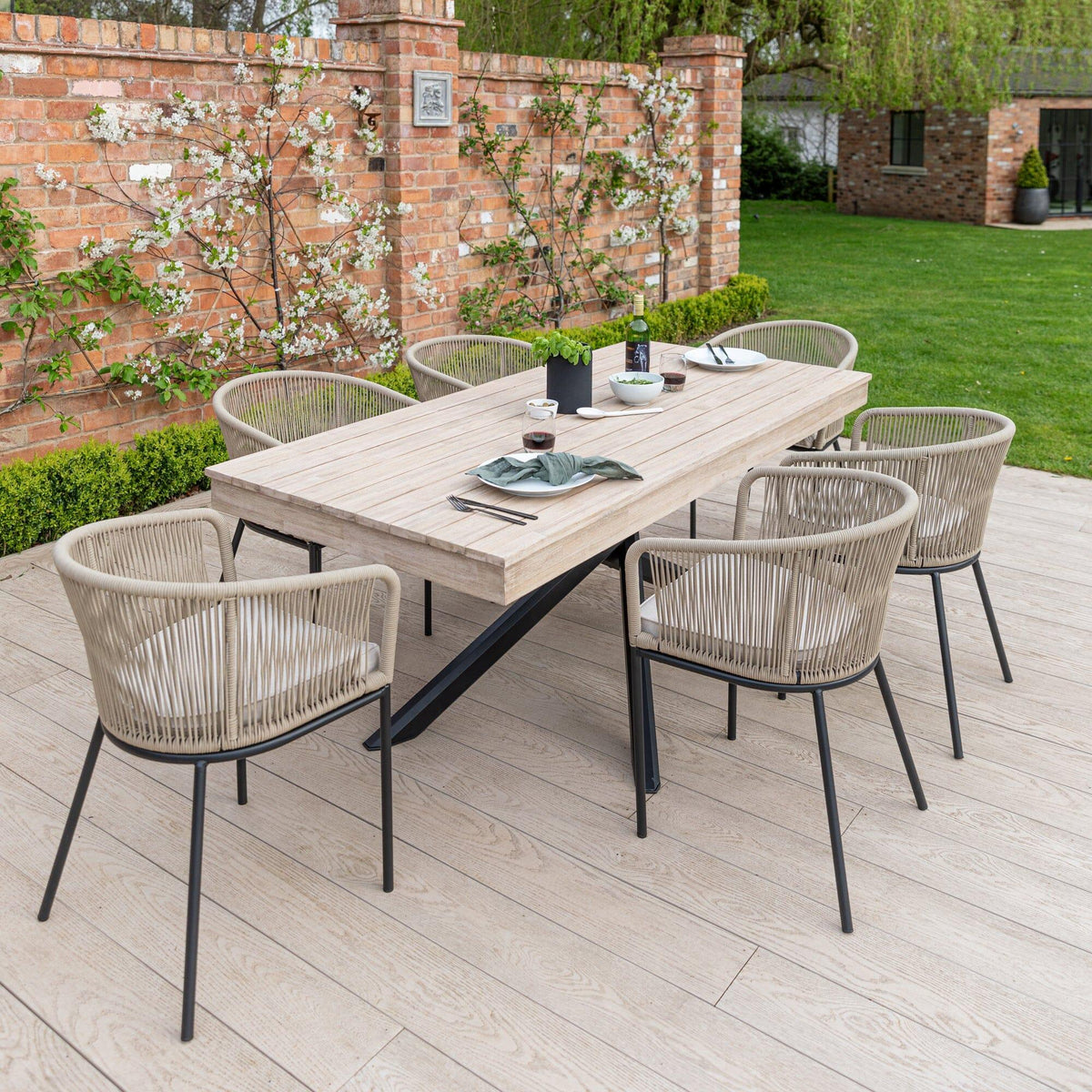 Amelia 6 Seater Wooden Garden Dining Set with 6 Hali Natural Chairs - Light Brushed Acacia with Black Legs