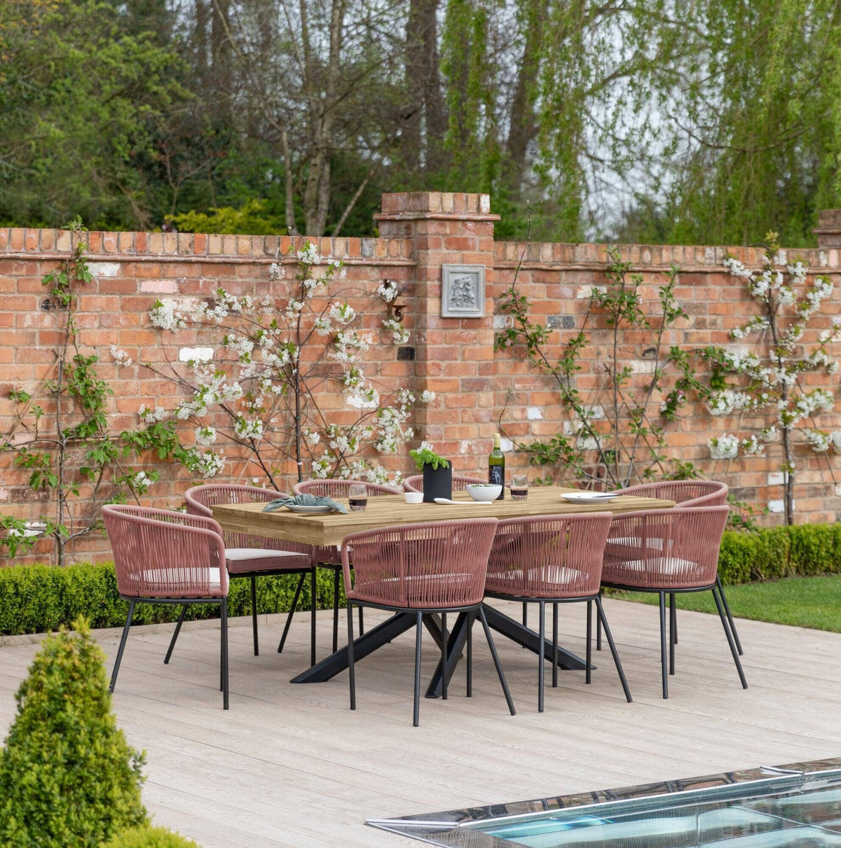 Amelia 8 Seater Wooden Garden Dining Set with 8 Hali Pink Chairs - White Acacia with Black Legs