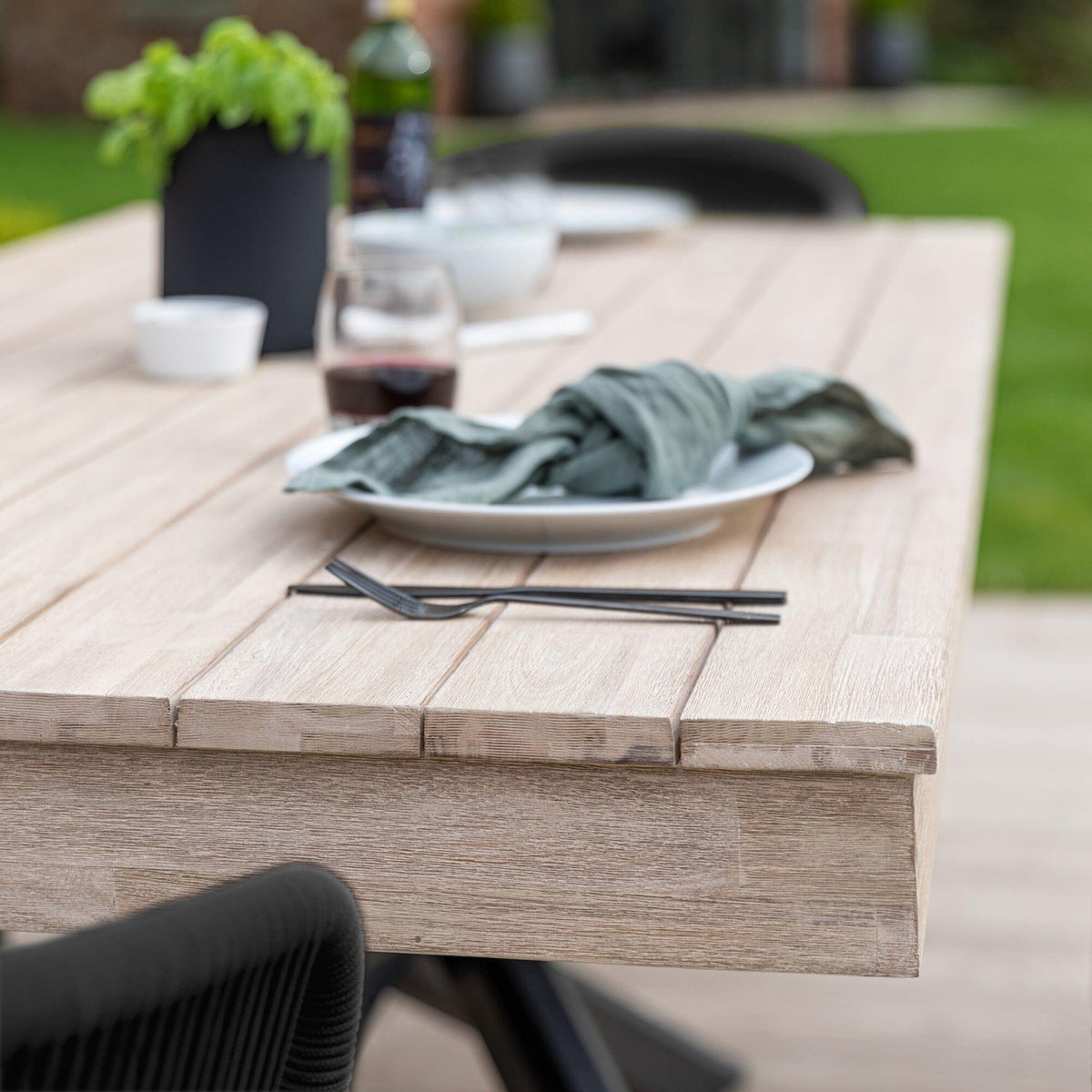 Amelia 8 Seater Wooden Garden Dining Set with 8 Hali Black Chairs - Light Brushed Acacia with Black Legs